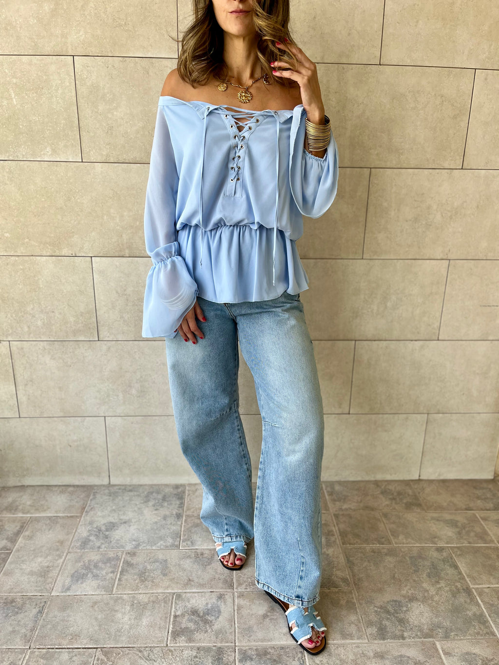Baby Blue Criss Cross Tie Chiffon Blouse
