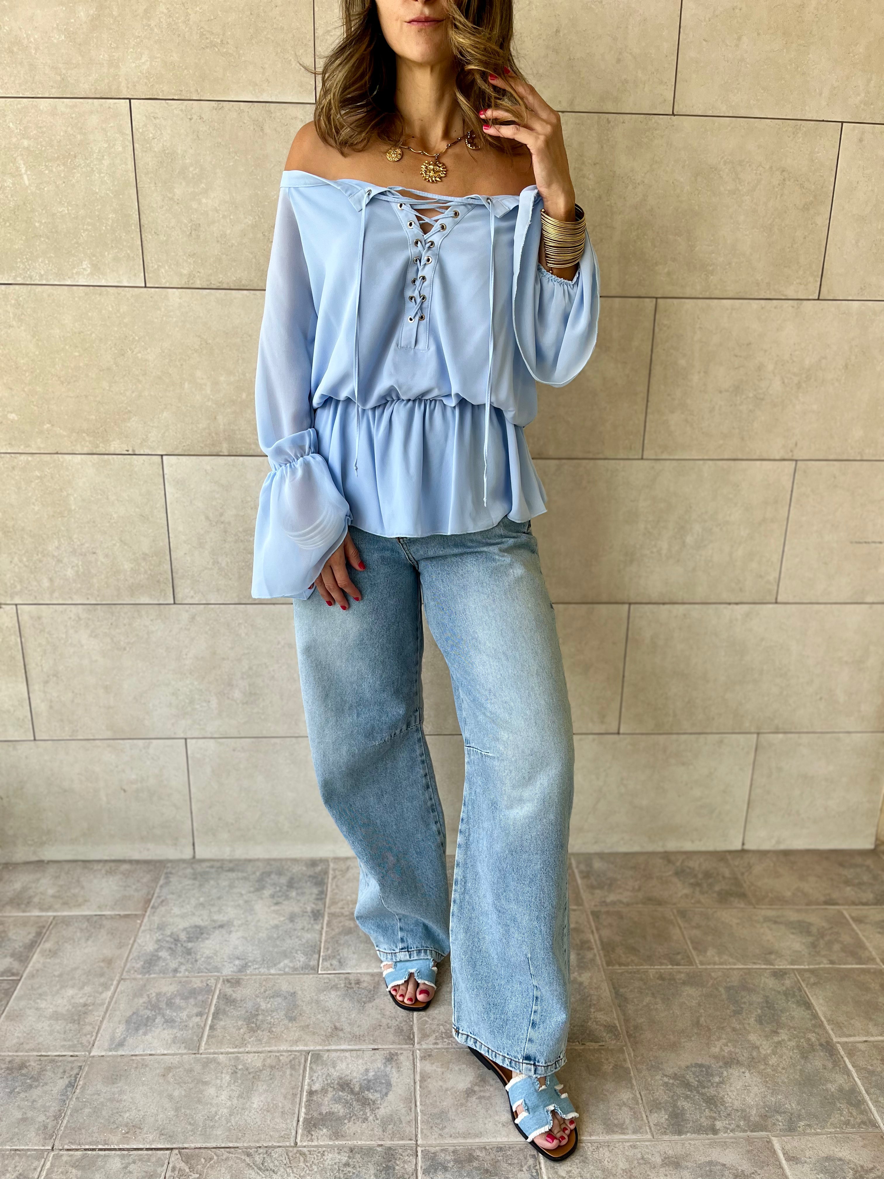 Baby Blue Criss Cross Tie Chiffon Blouse