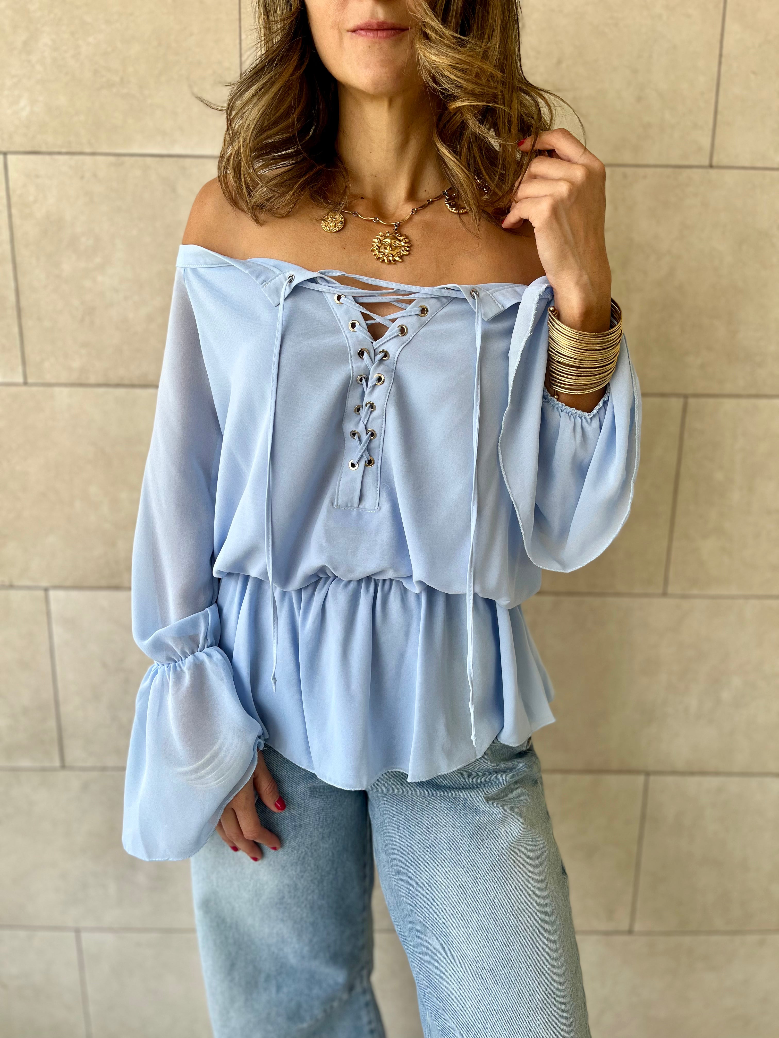 Baby Blue Criss Cross Tie Chiffon Blouse