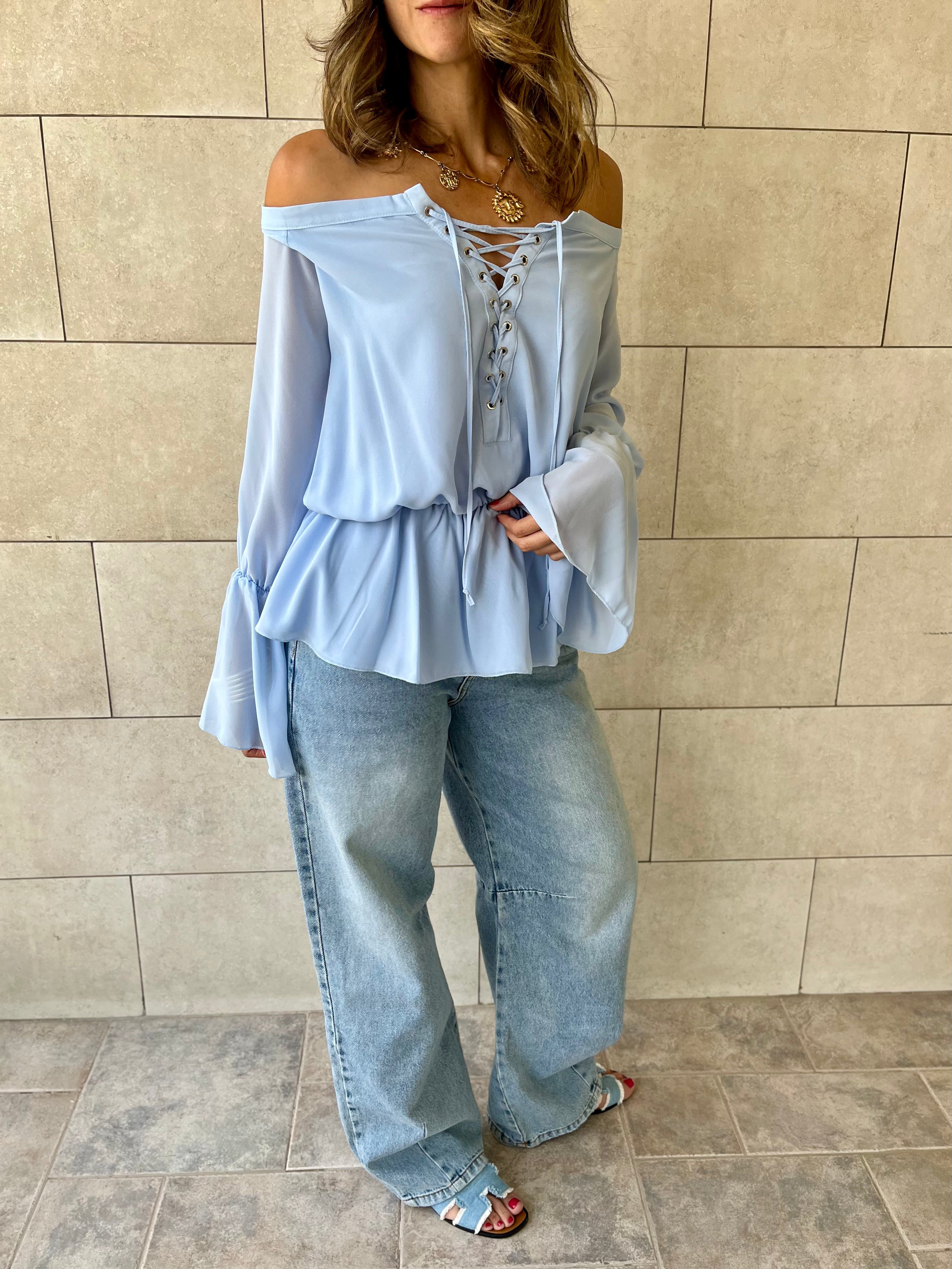Baby Blue Criss Cross Tie Chiffon Blouse
