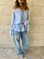 Baby Blue Criss Cross Tie Chiffon Blouse