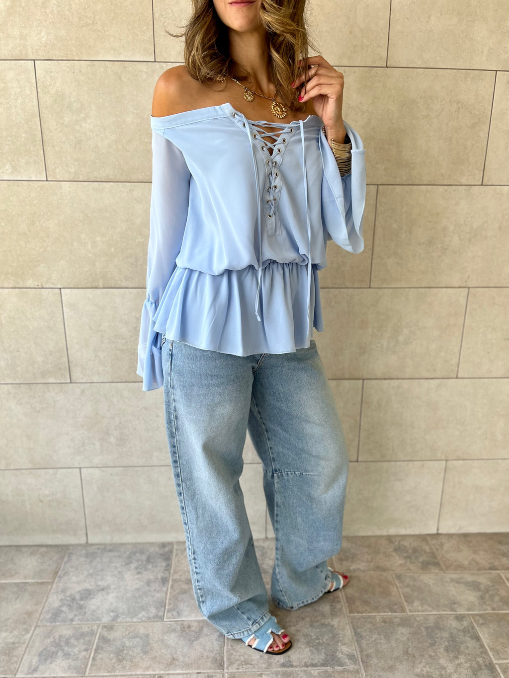 Baby Blue Criss Cross Tie Chiffon Blouse