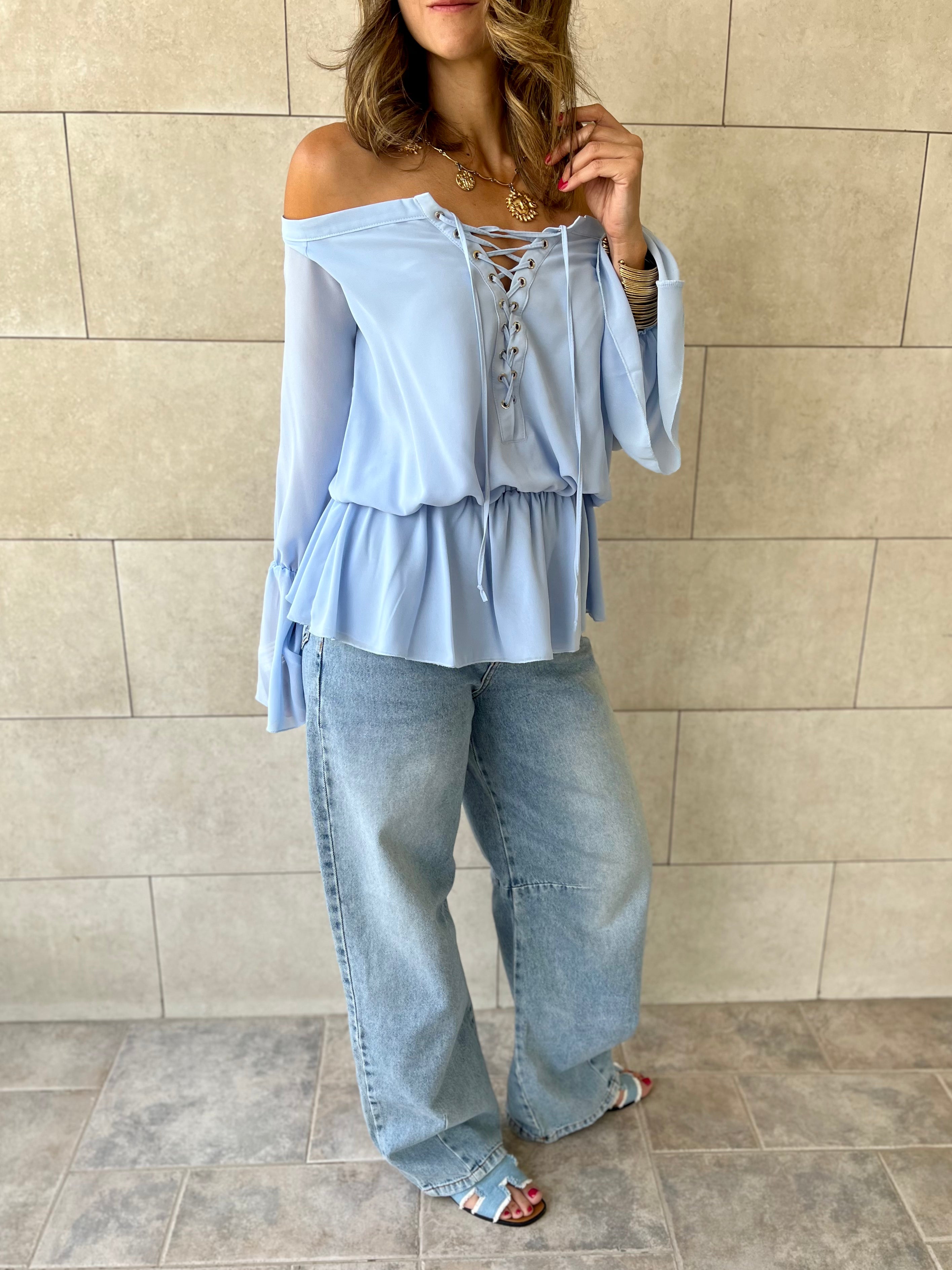 Baby Blue Criss Cross Tie Chiffon Blouse