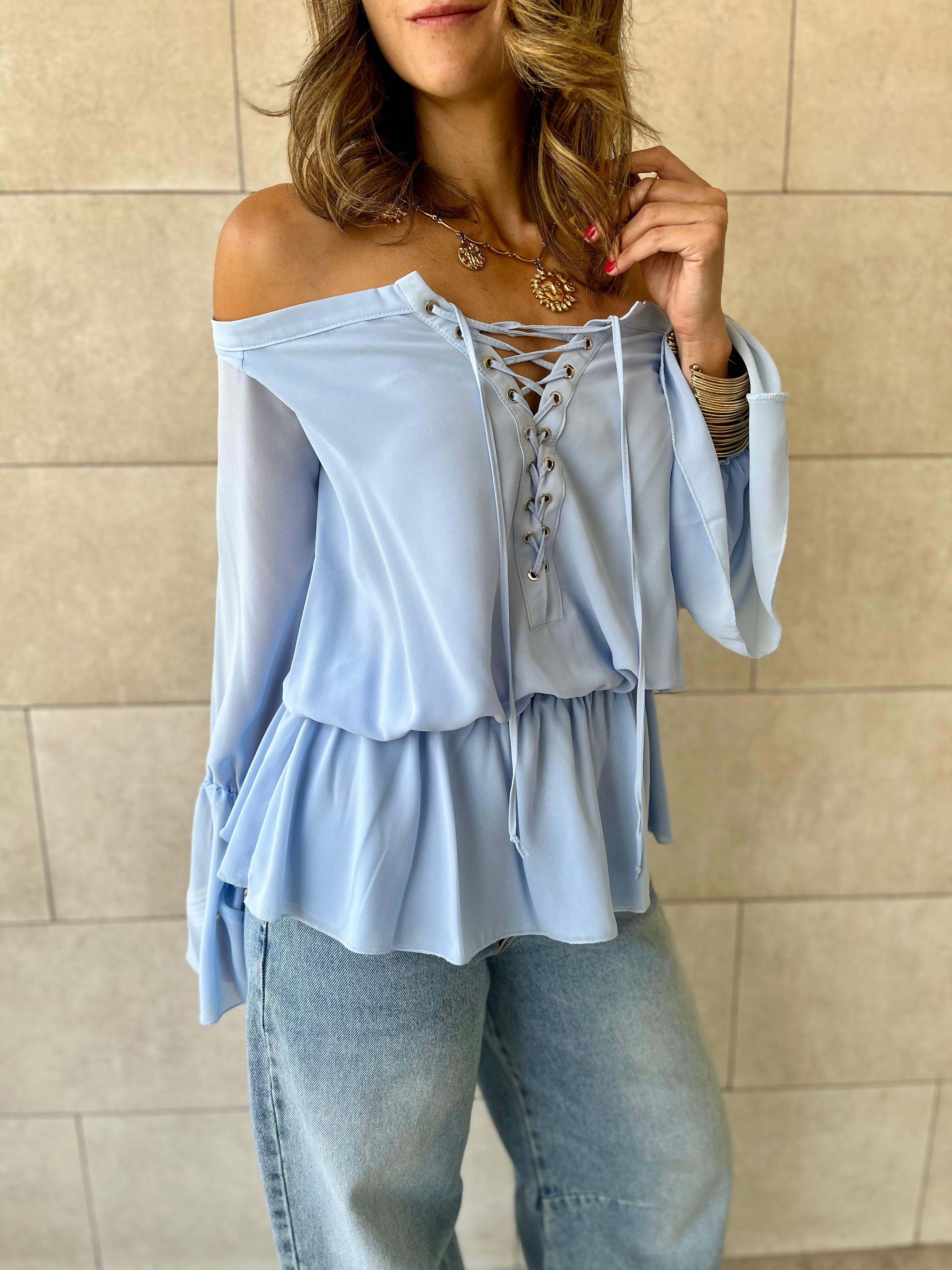 Baby Blue Criss Cross Tie Chiffon Blouse