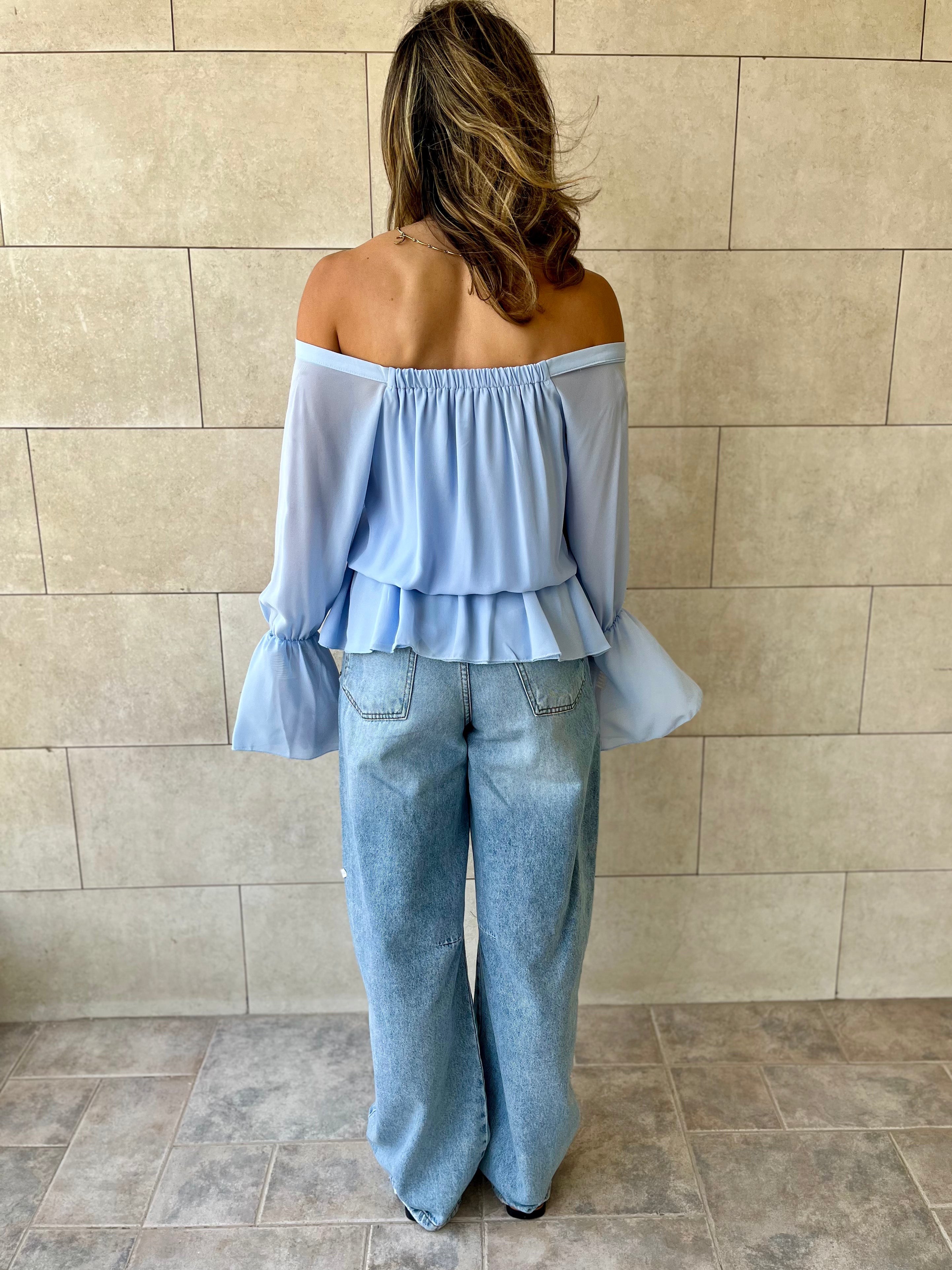 Baby Blue Criss Cross Tie Chiffon Blouse