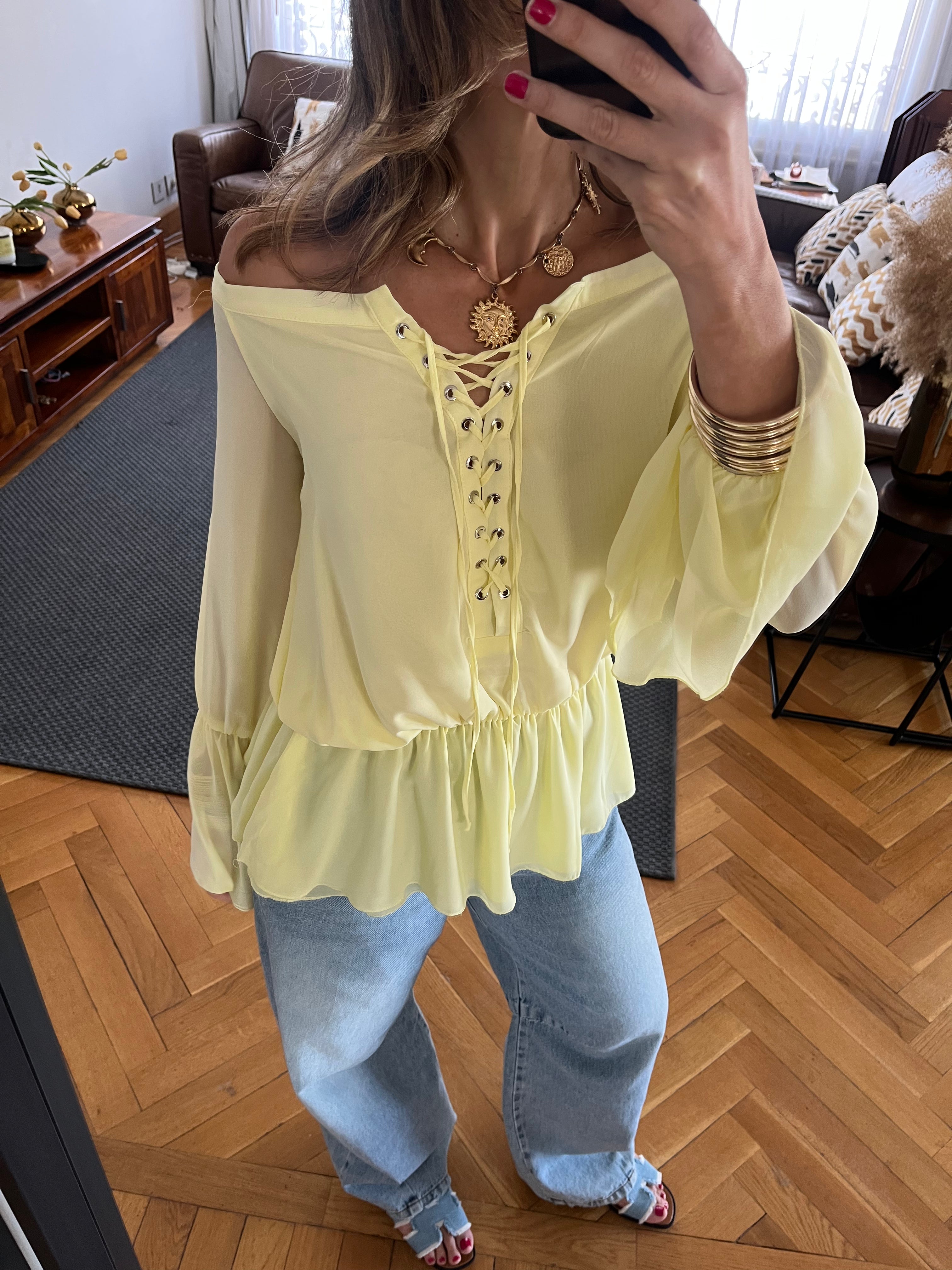 Yellow Criss Cross Tie Chiffon Blouse