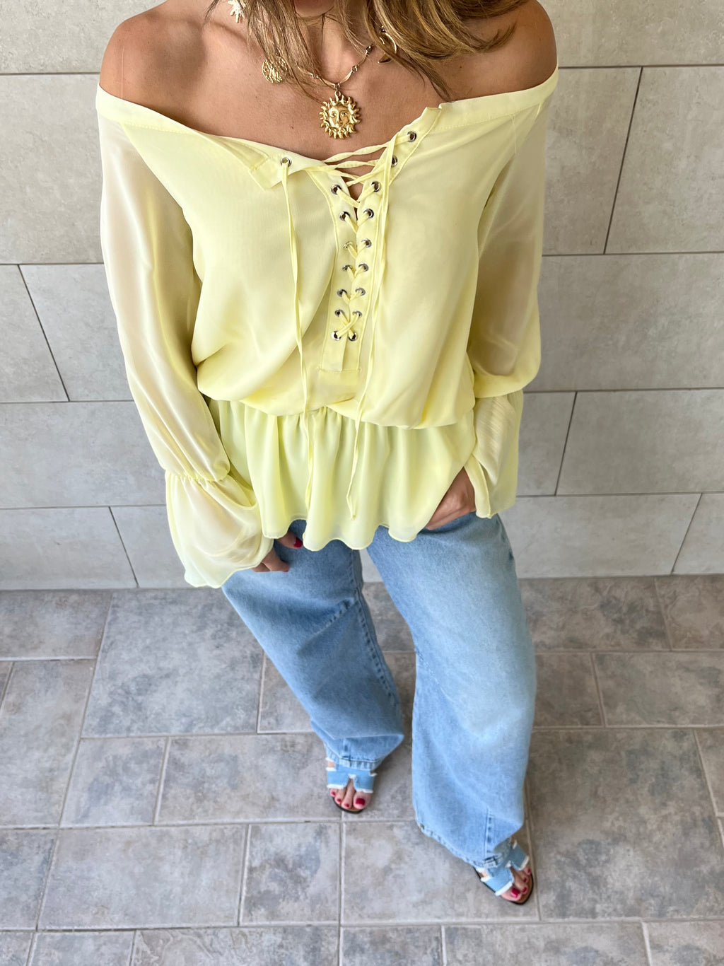 Yellow Criss Cross Tie Chiffon Blouse