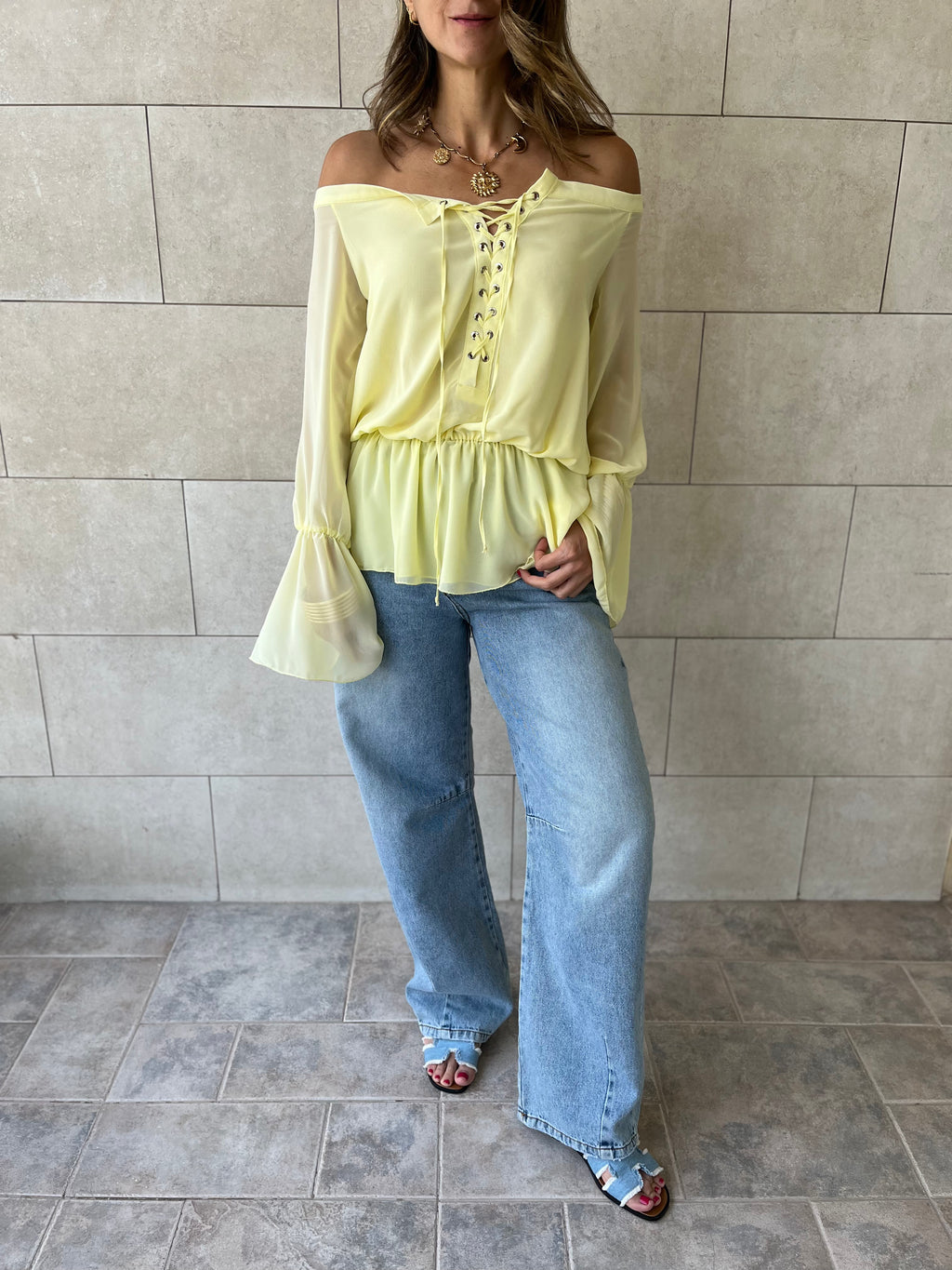 Yellow Criss Cross Tie Chiffon Blouse