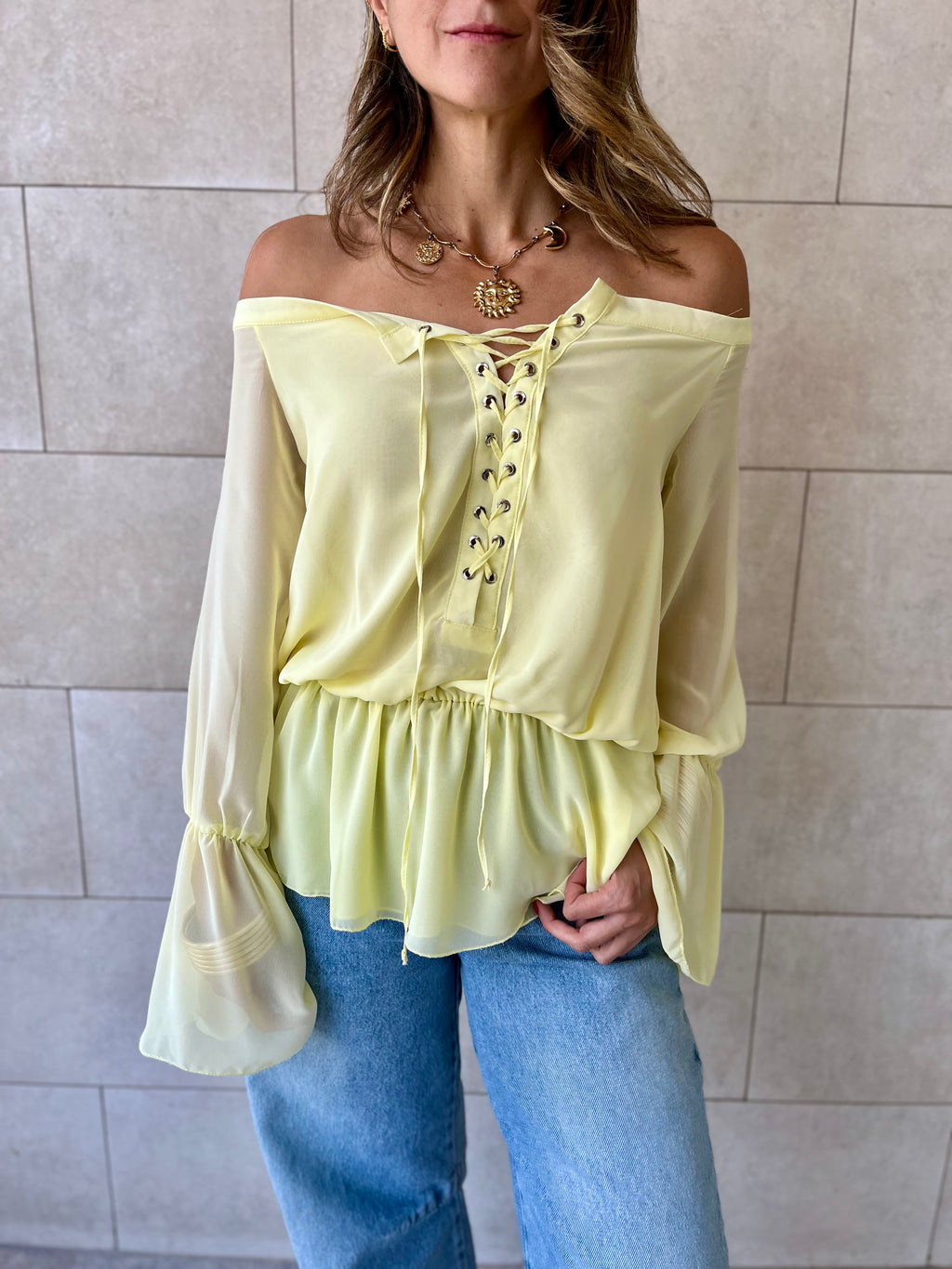Yellow Criss Cross Tie Chiffon Blouse