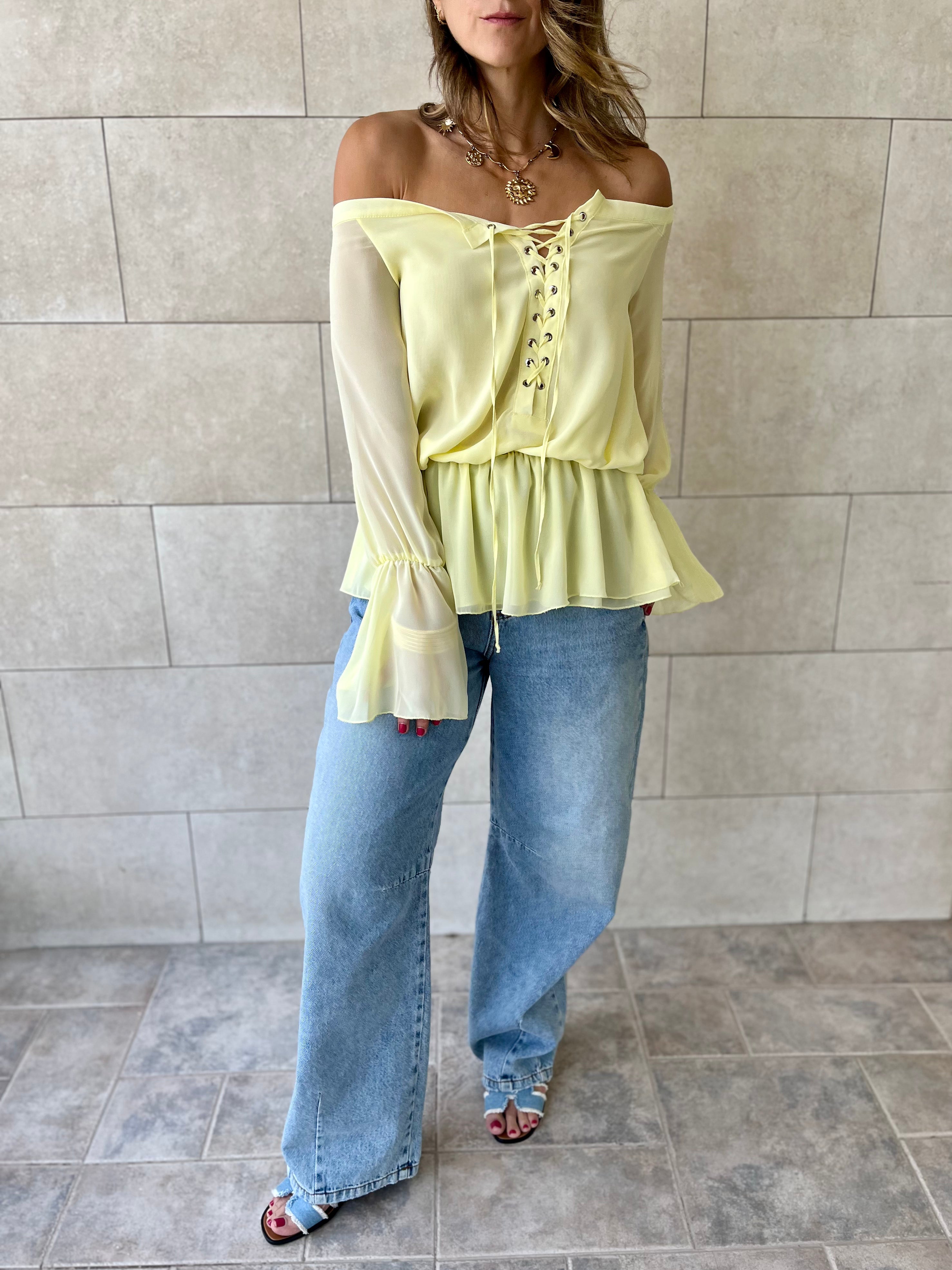 Yellow Criss Cross Tie Chiffon Blouse