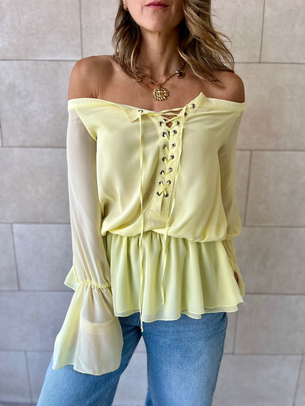 Yellow Criss Cross Tie Chiffon Blouse