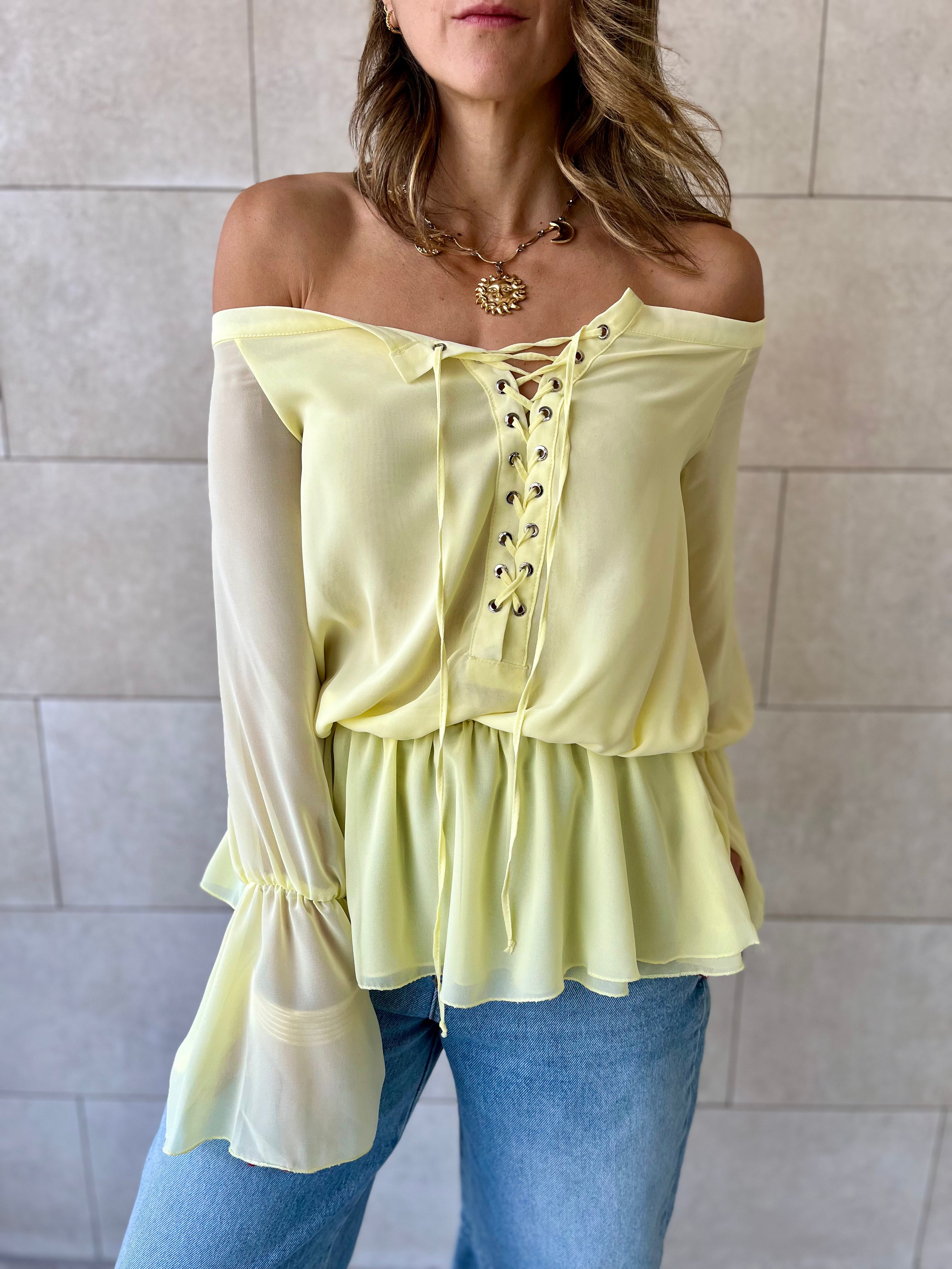 Yellow Criss Cross Tie Chiffon Blouse