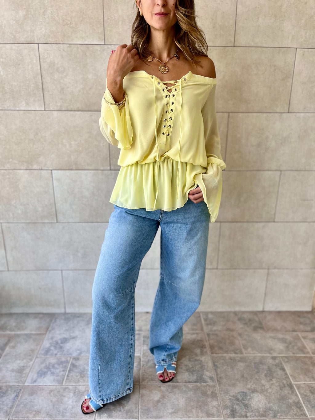 Yellow Criss Cross Tie Chiffon Blouse