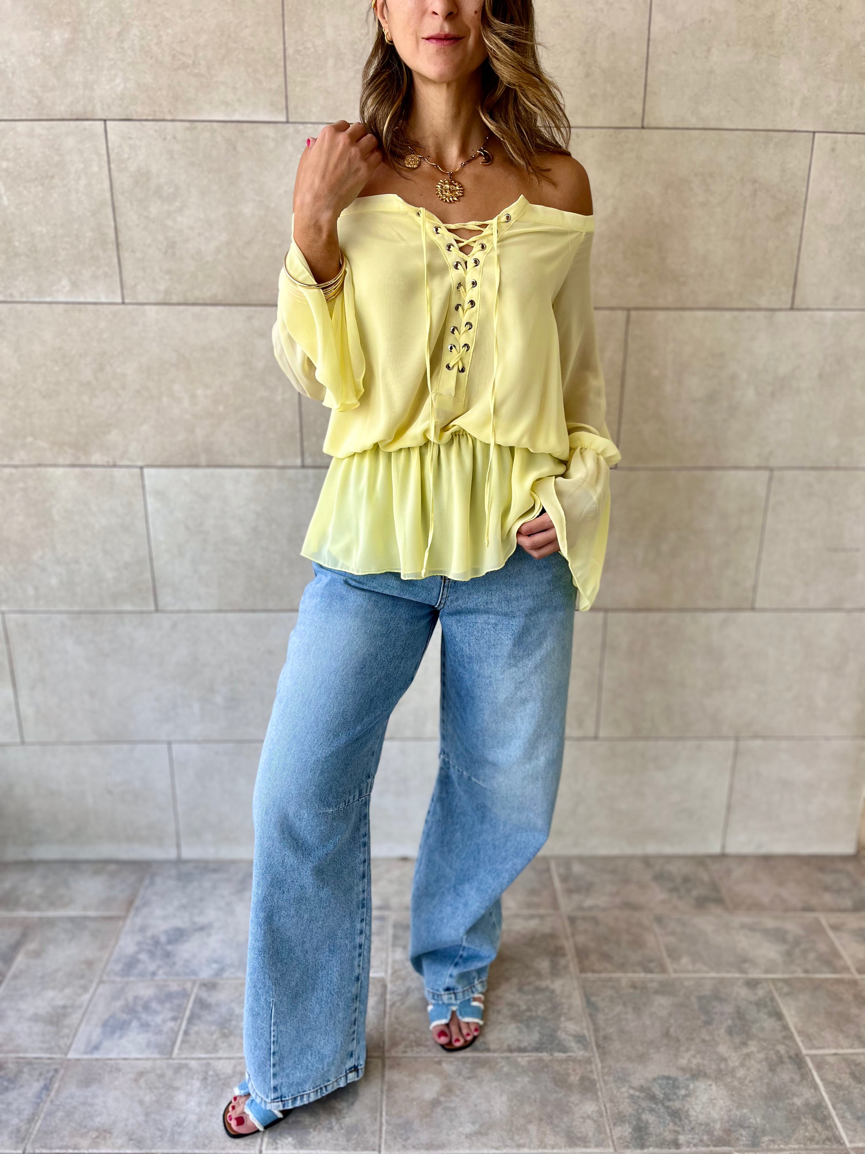 Yellow Criss Cross Tie Chiffon Blouse