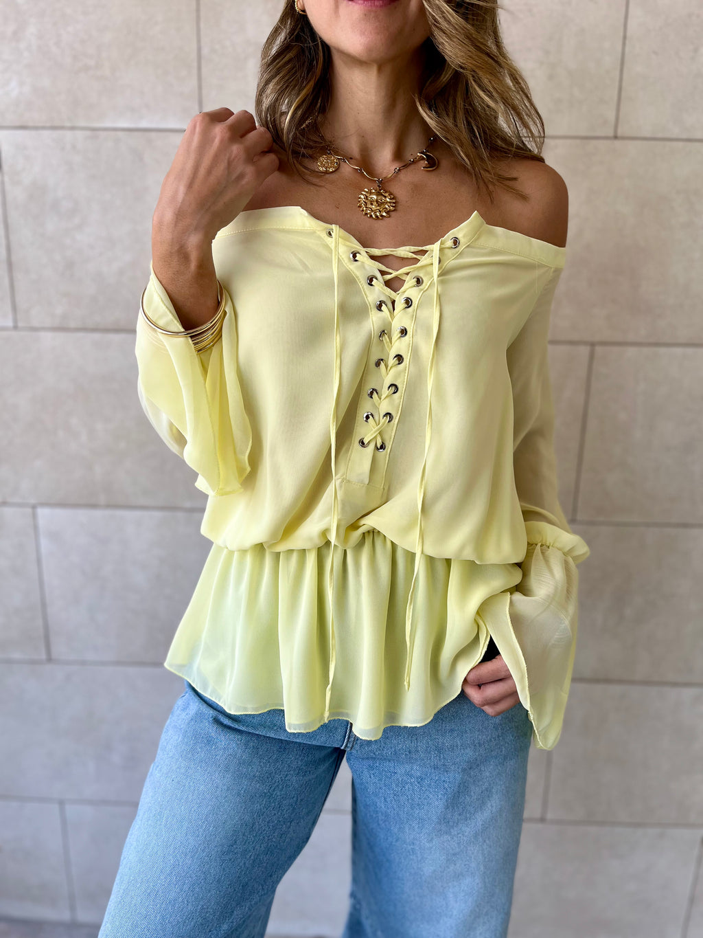 Yellow Criss Cross Tie Chiffon Blouse