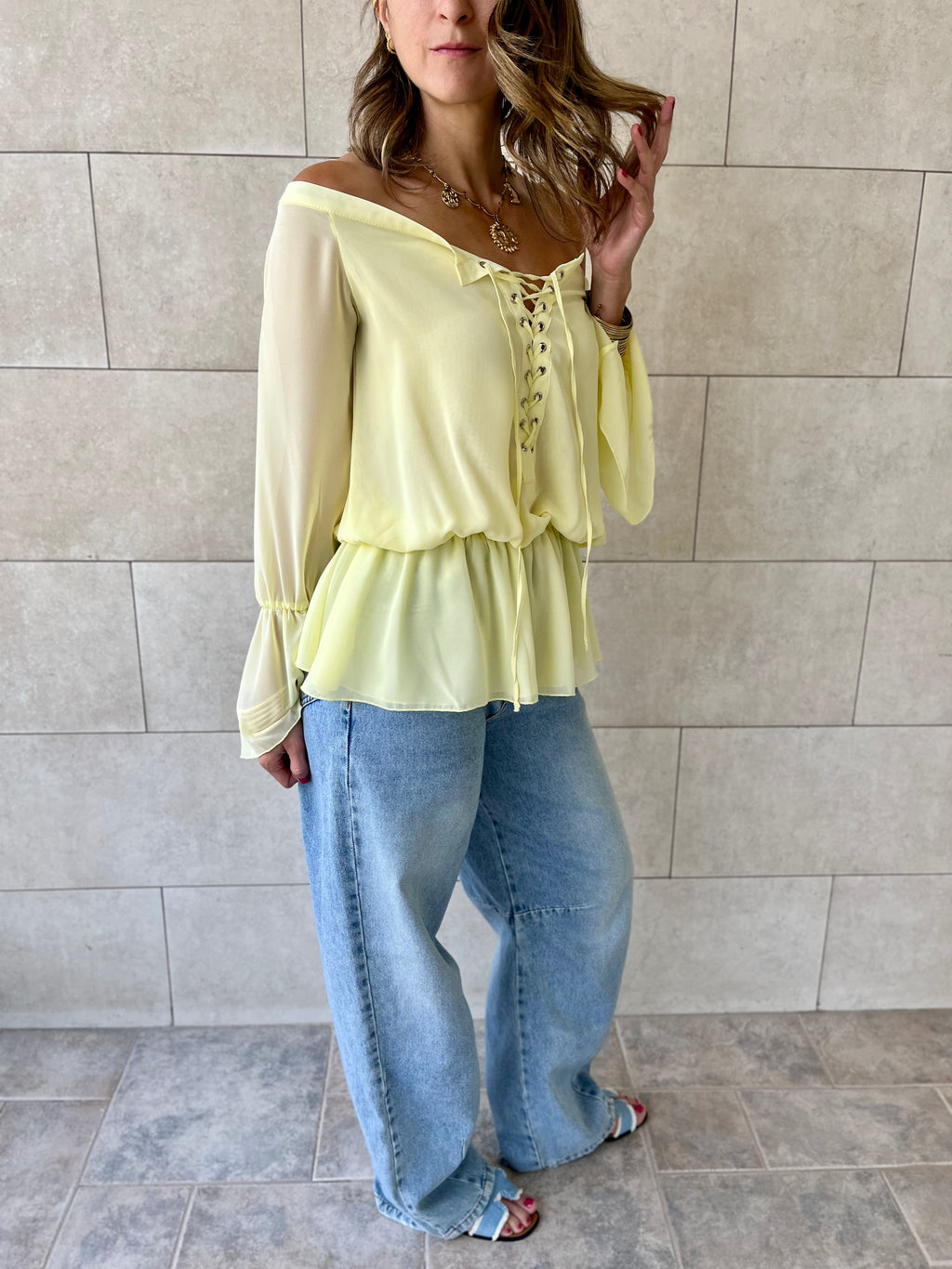 Yellow Criss Cross Tie Chiffon Blouse