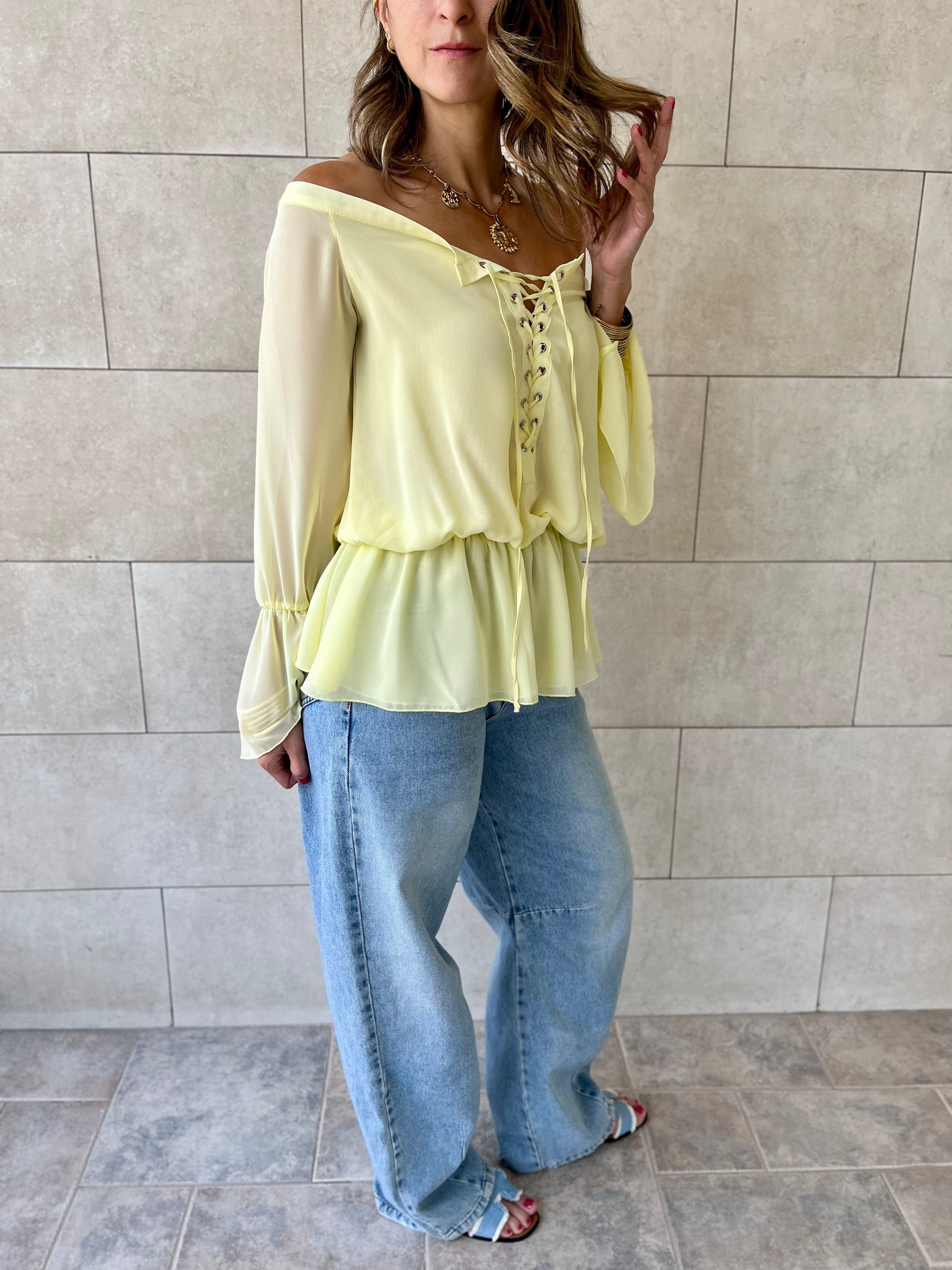 Yellow Criss Cross Tie Chiffon Blouse