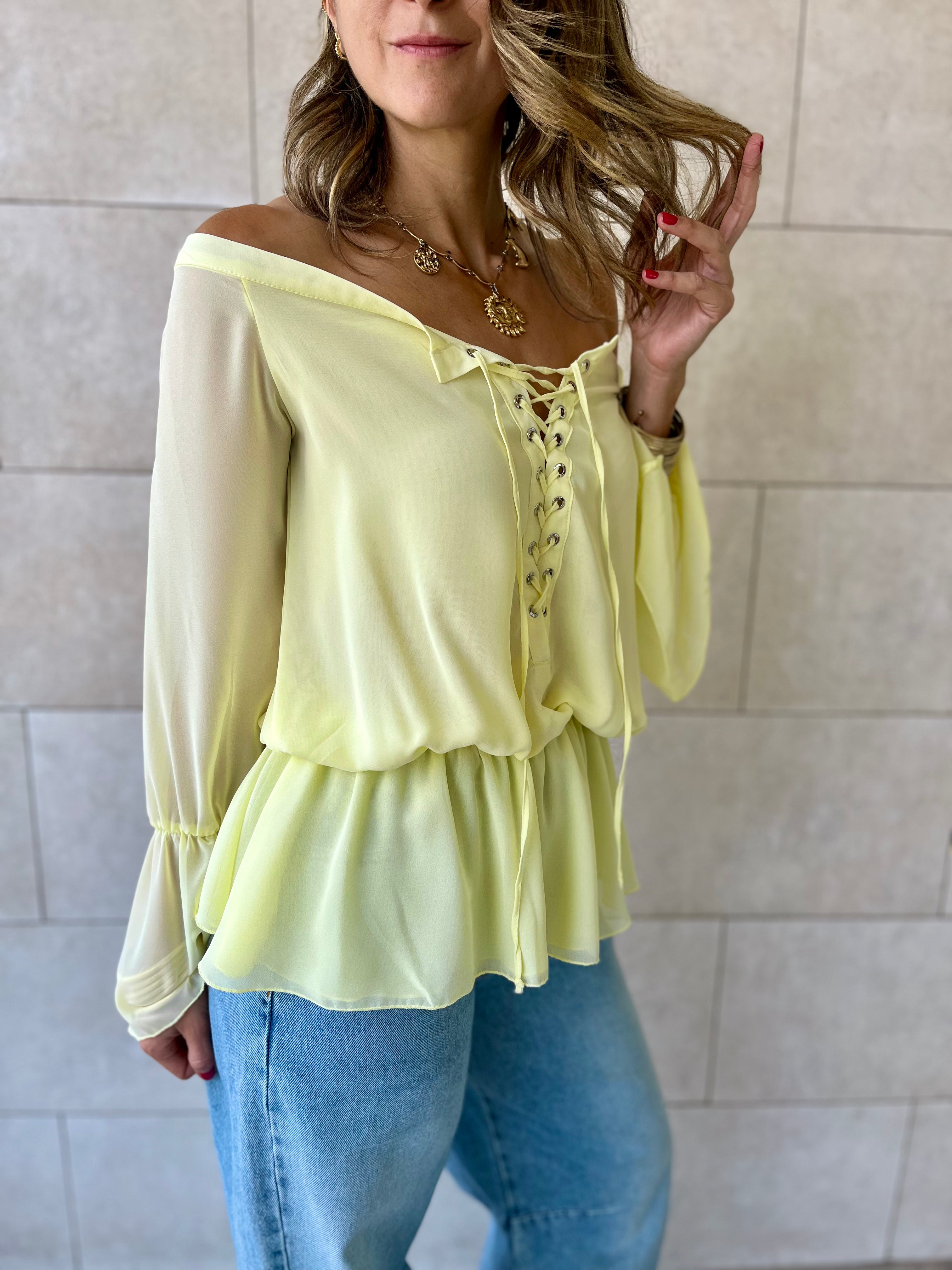 Yellow Criss Cross Tie Chiffon Blouse