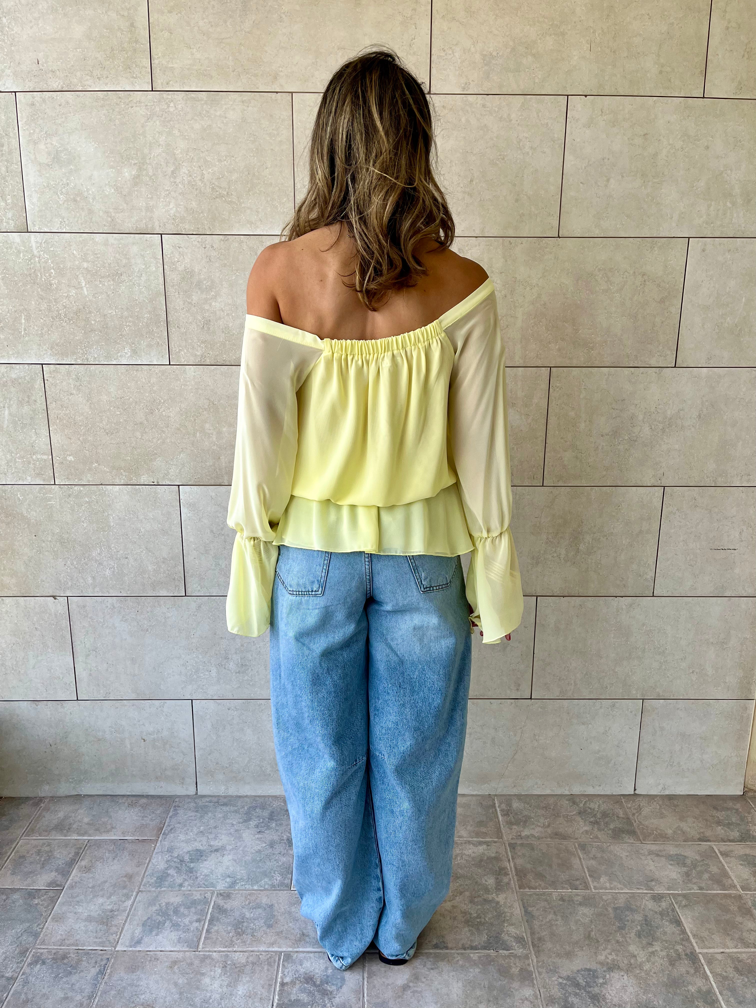 Yellow Criss Cross Tie Chiffon Blouse