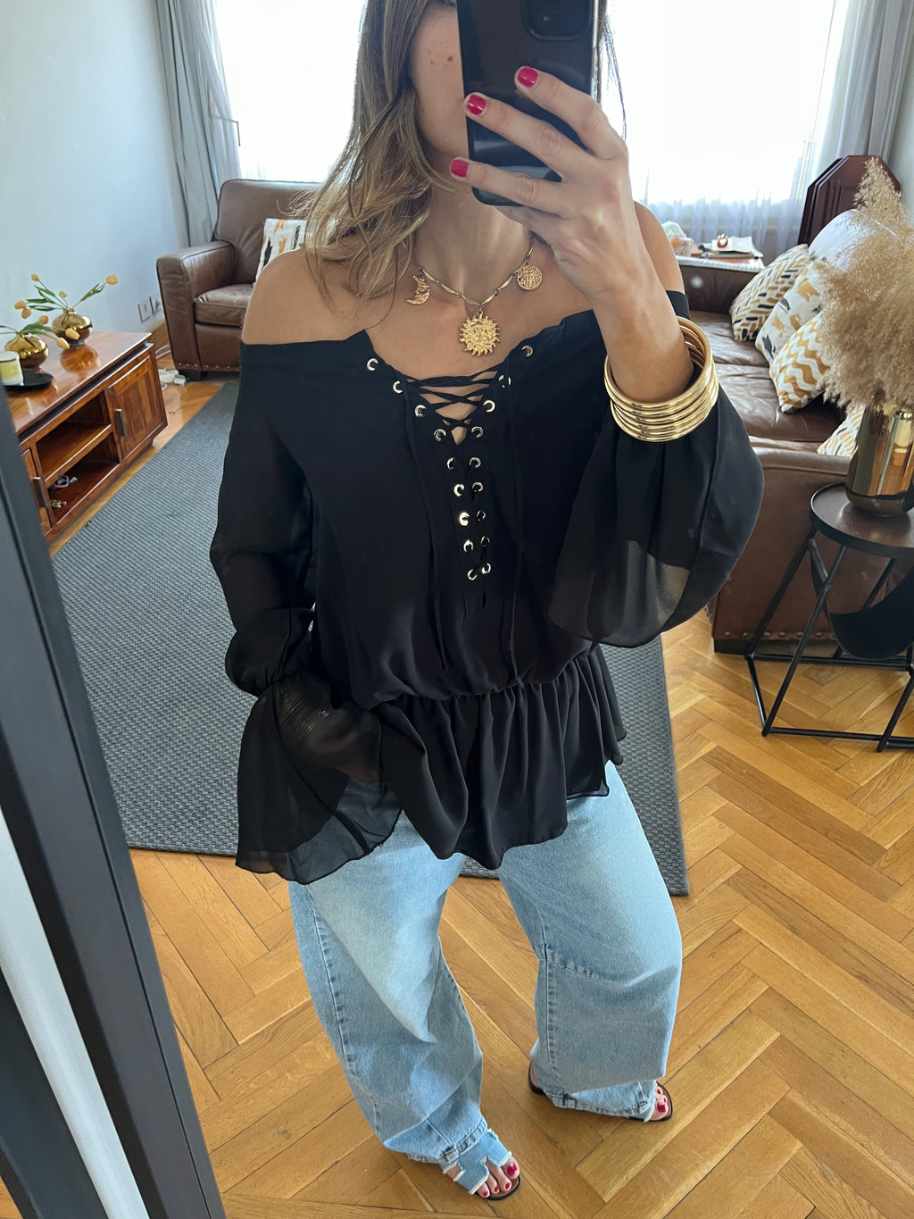 Black Criss Cross Tie Chiffon Blouse