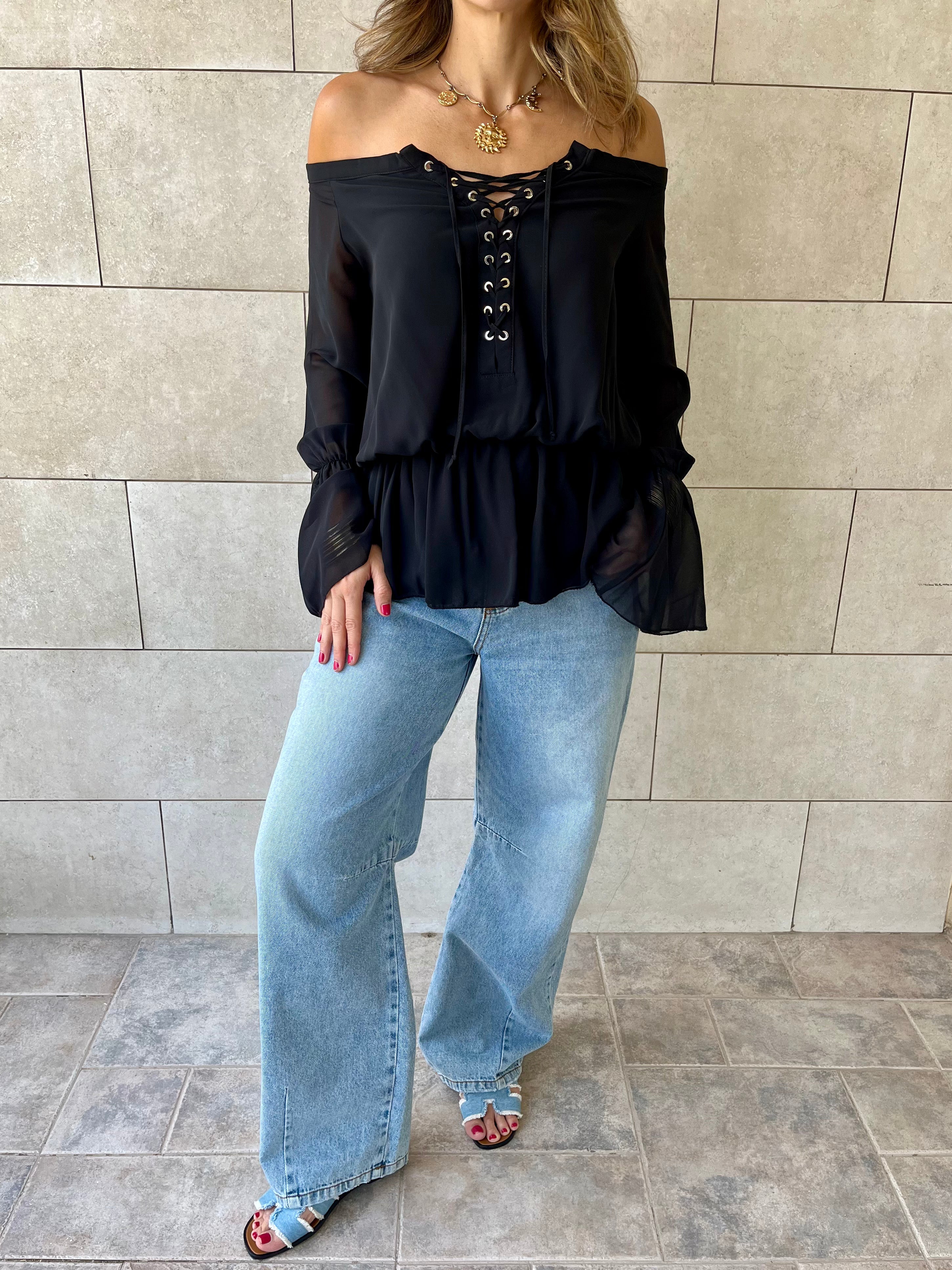 Black Criss Cross Tie Chiffon Blouse