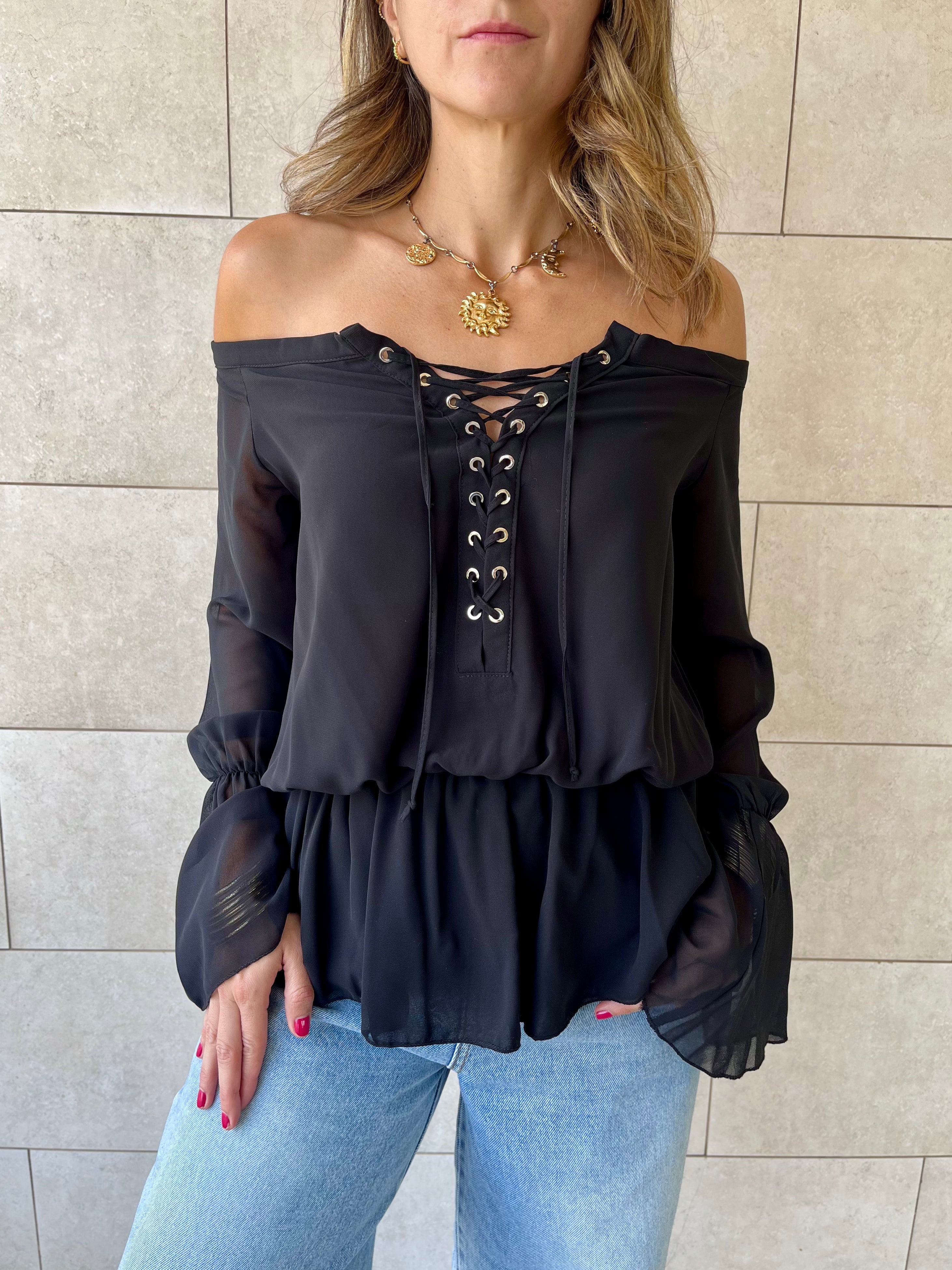 Black Criss Cross Tie Chiffon Blouse