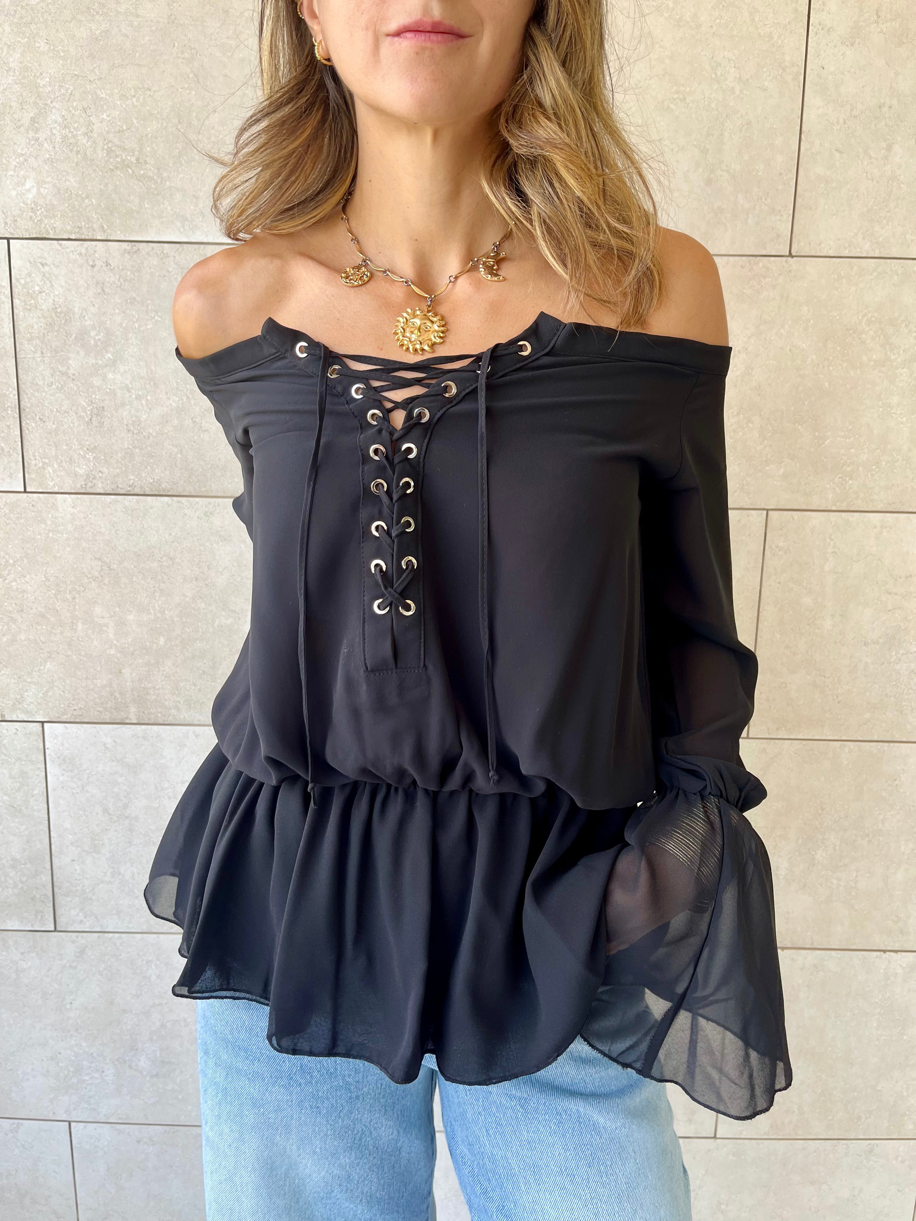 Black Criss Cross Tie Chiffon Blouse