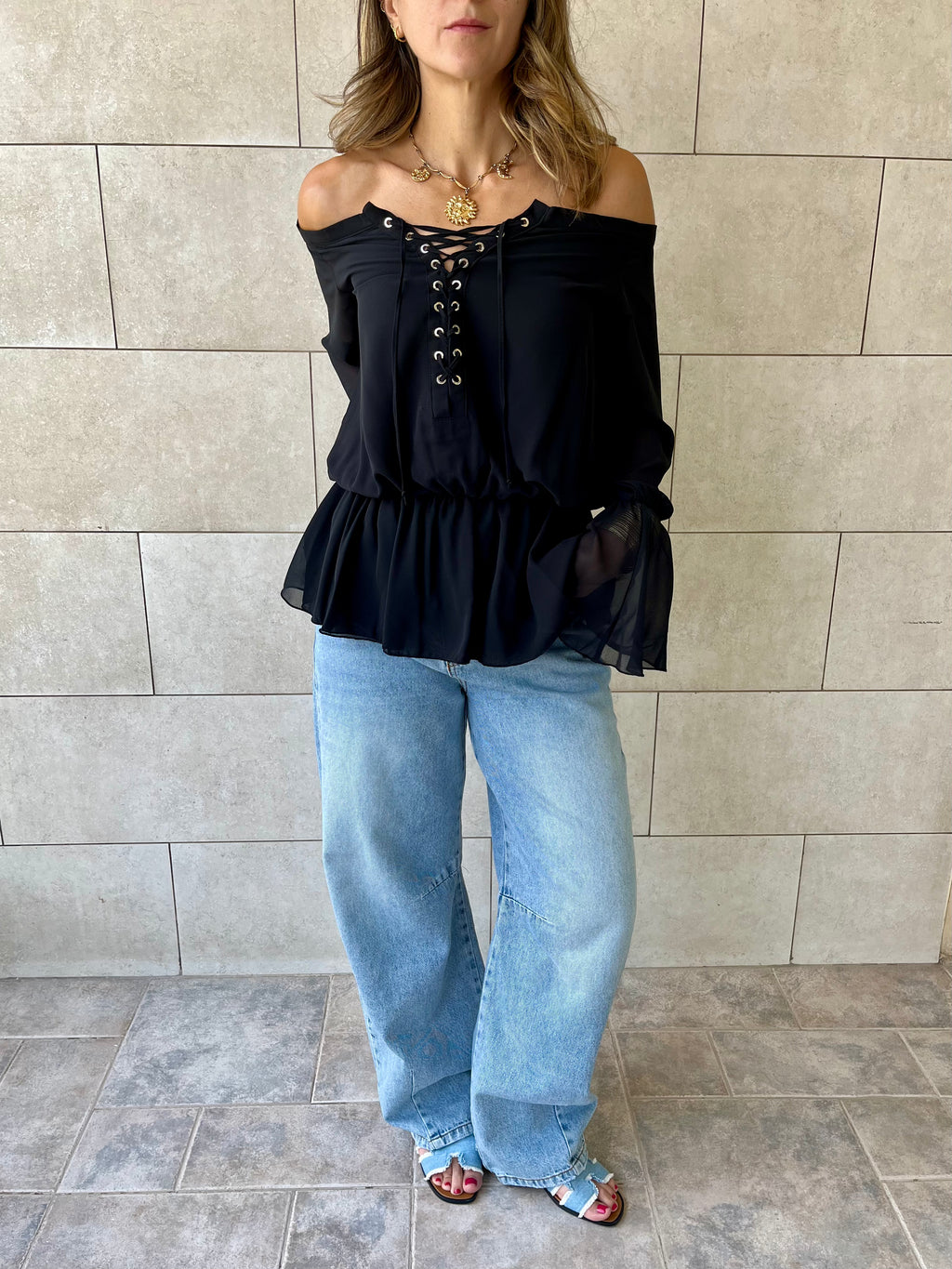 Black Criss Cross Tie Chiffon Blouse