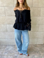 Black Criss Cross Tie Chiffon Blouse