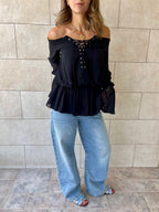 Black Criss Cross Tie Chiffon Blouse