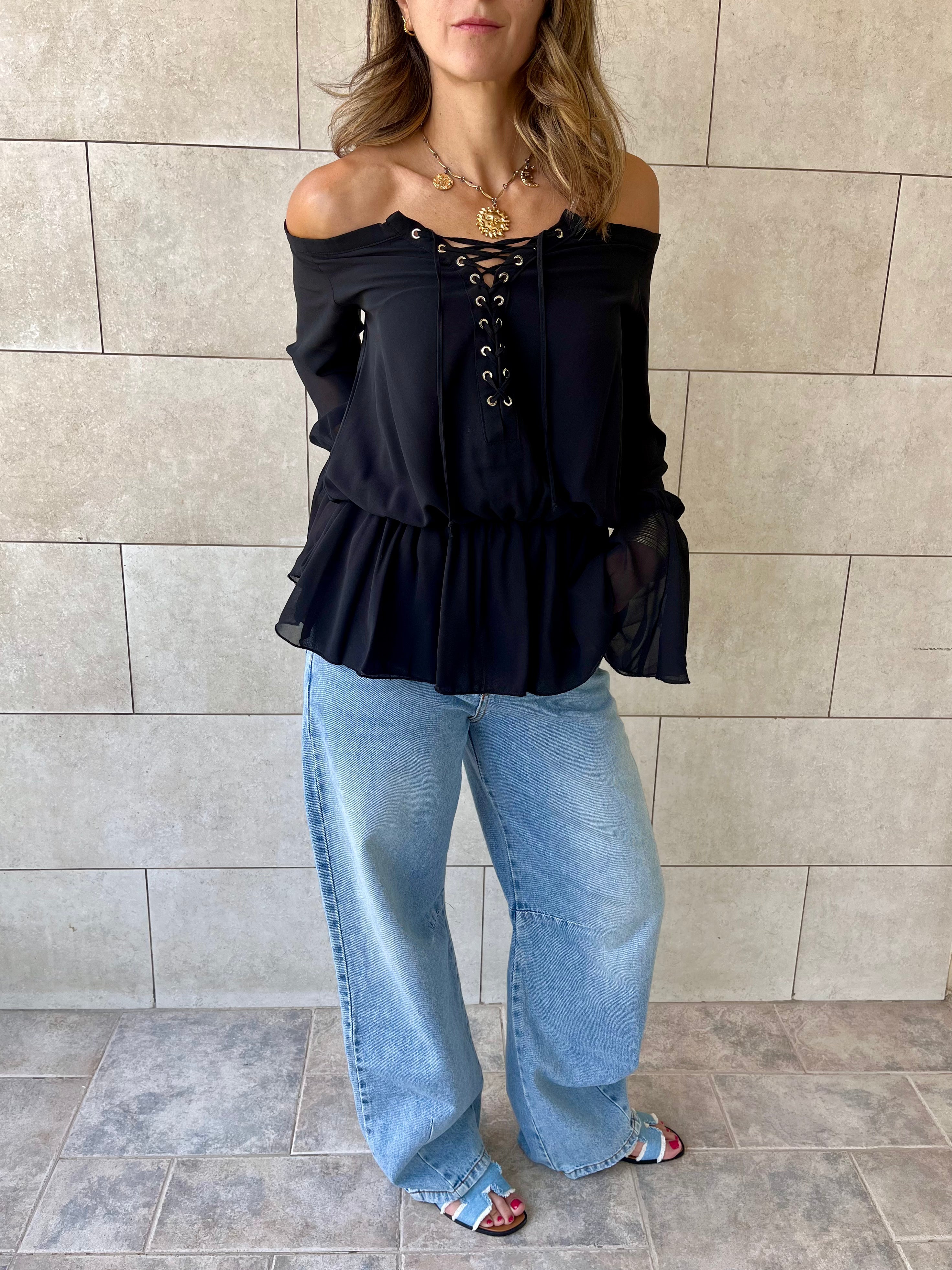 Black Criss Cross Tie Chiffon Blouse