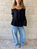 Black Criss Cross Tie Chiffon Blouse