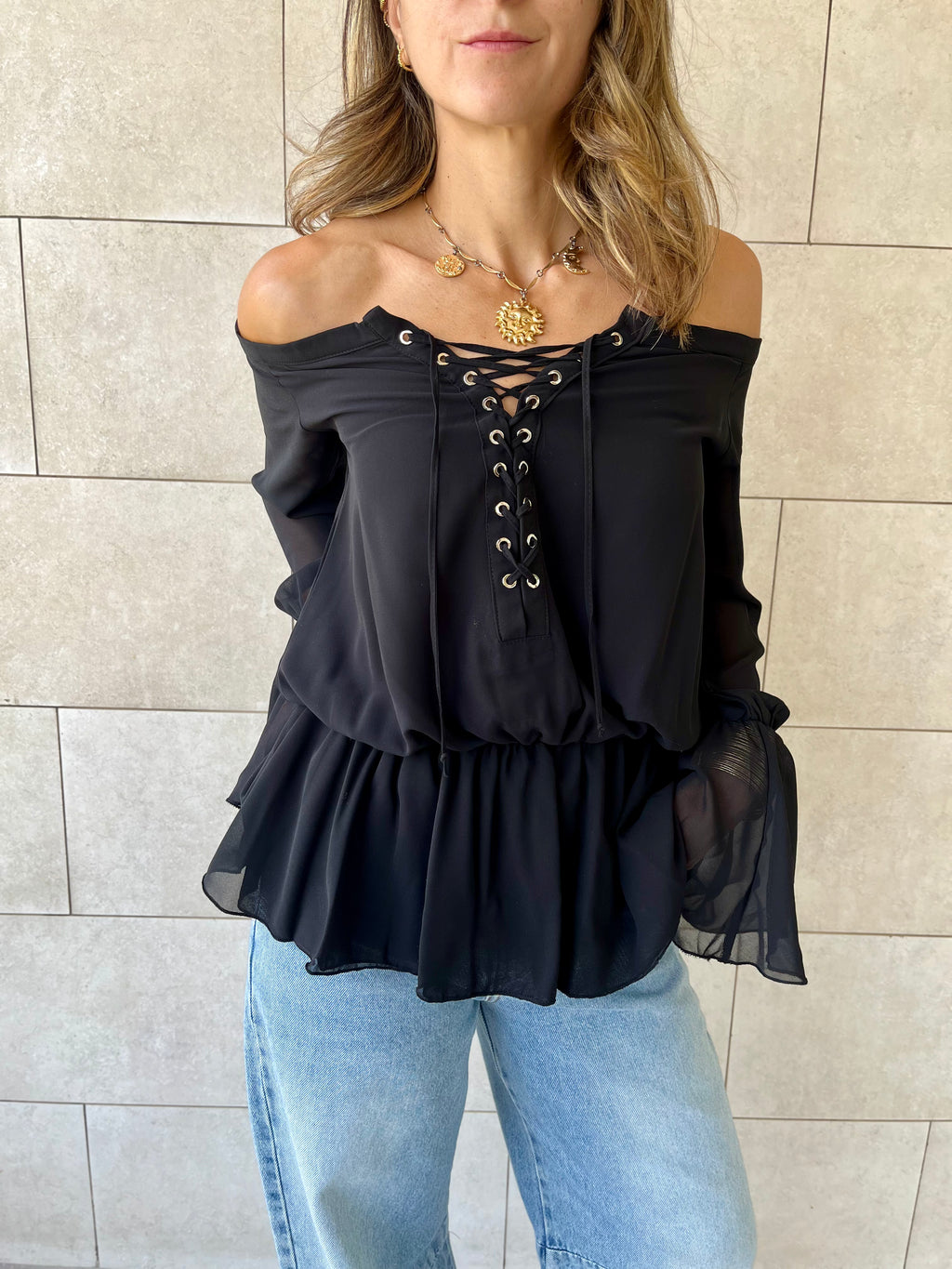 Black Criss Cross Tie Chiffon Blouse