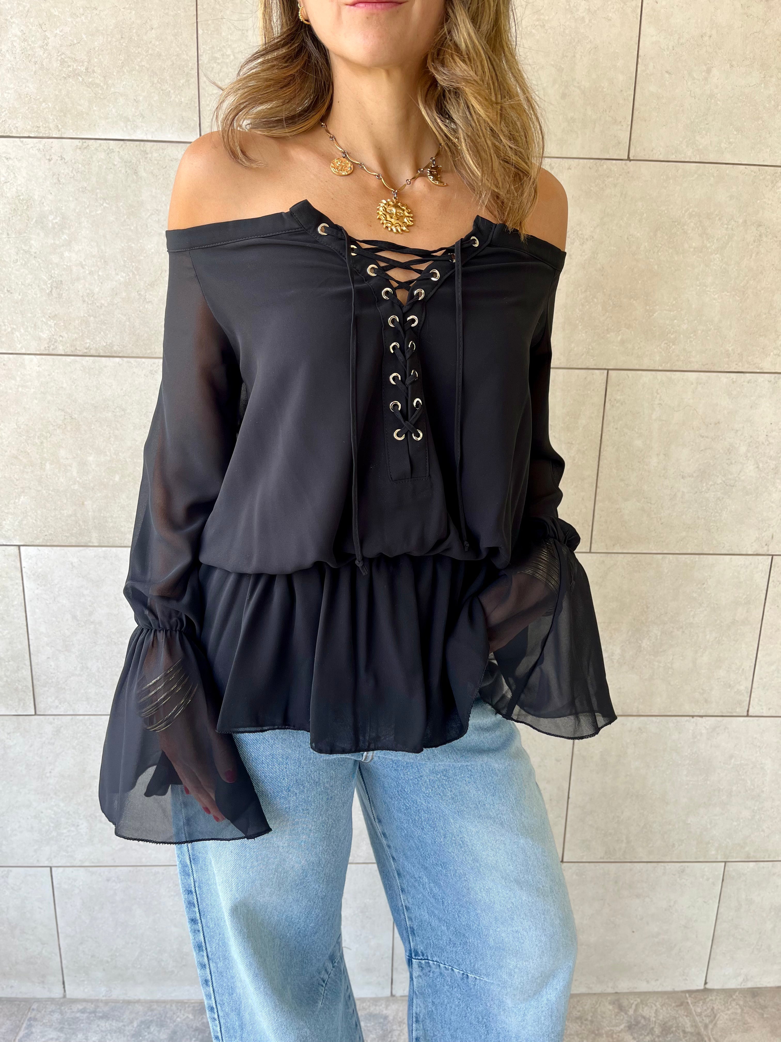Black Criss Cross Tie Chiffon Blouse