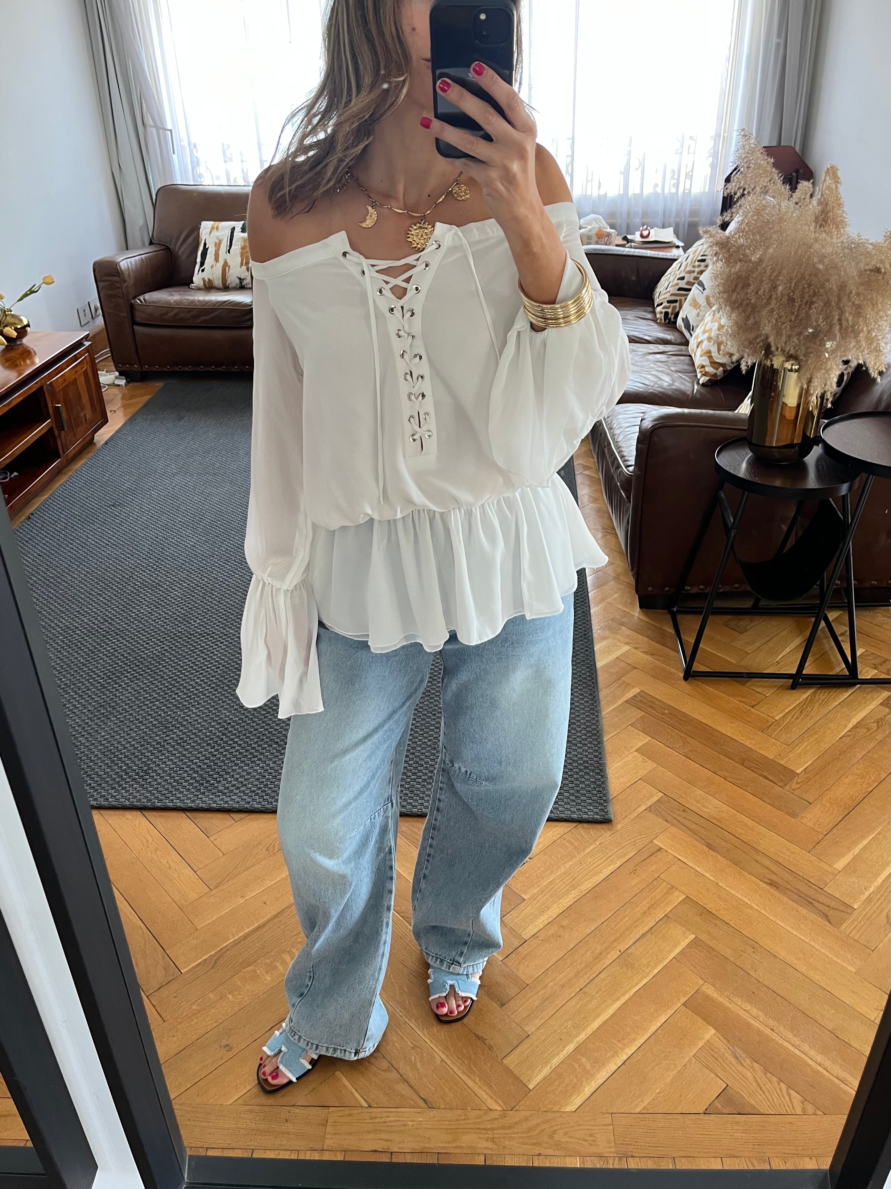White Criss Cross Tie Chiffon Blouse