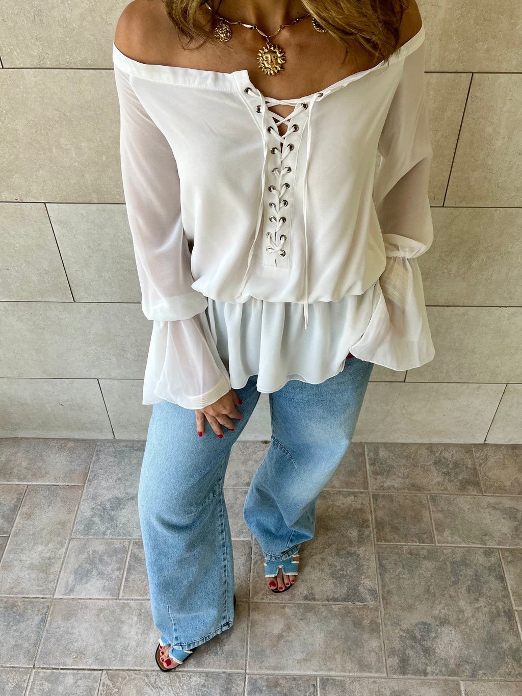 White Criss Cross Tie Chiffon Blouse
