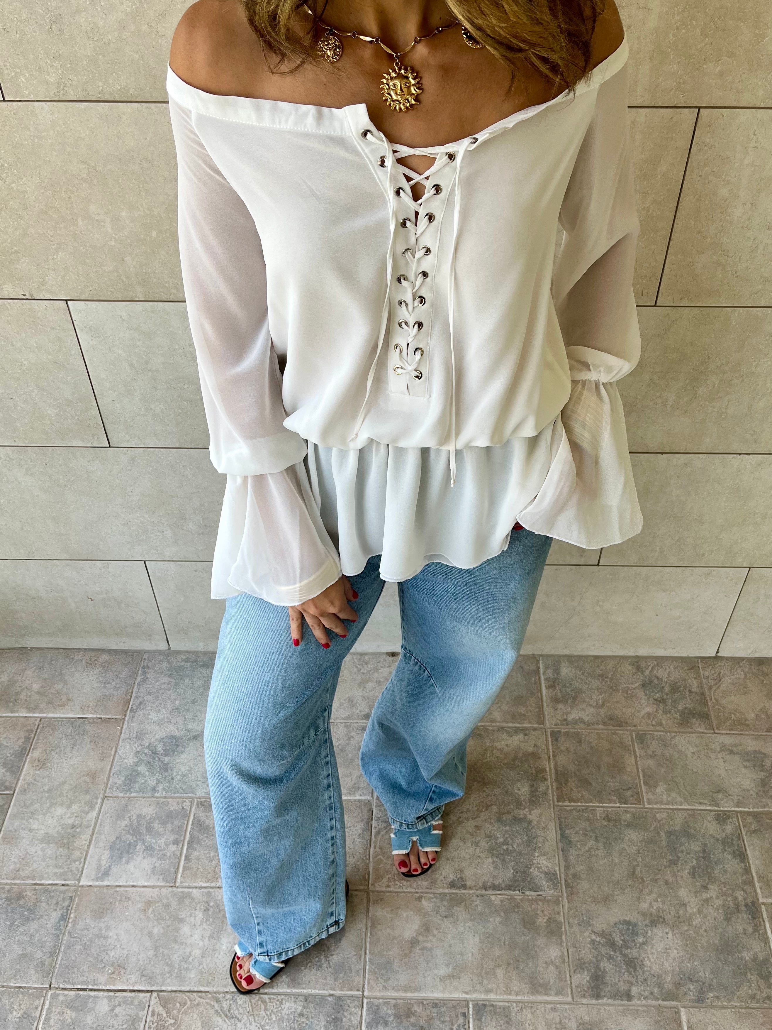 White Criss Cross Tie Chiffon Blouse
