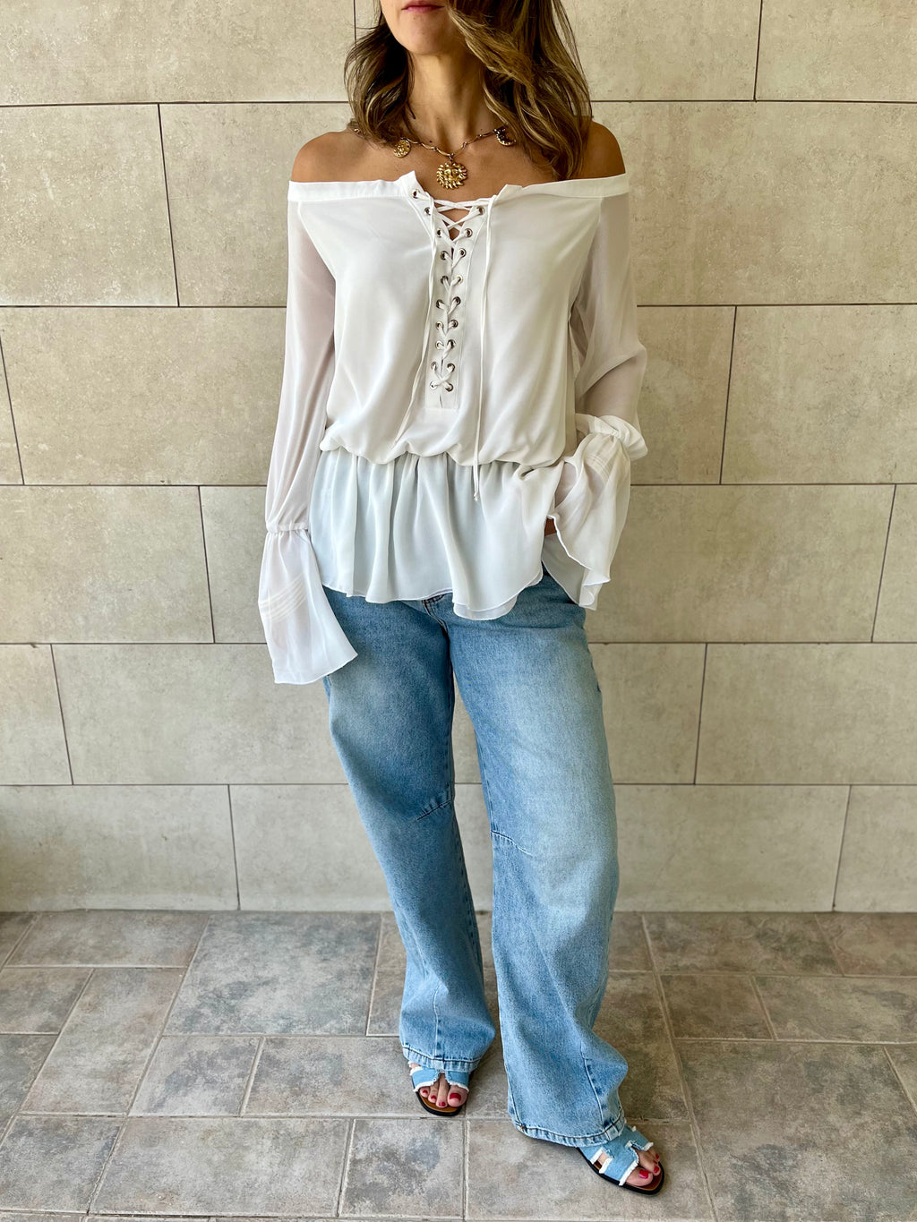 White Criss Cross Tie Chiffon Blouse