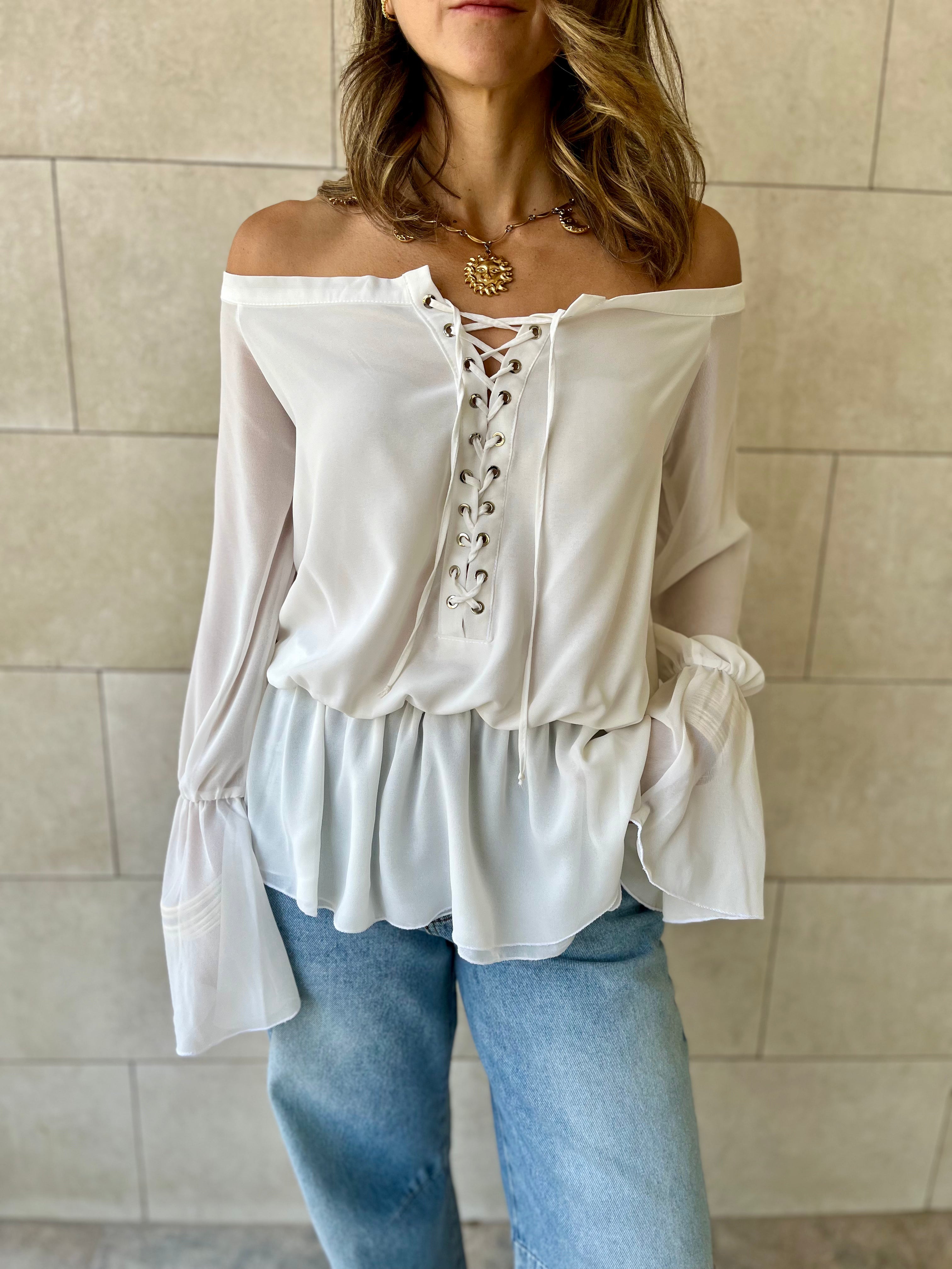 White Criss Cross Tie Chiffon Blouse
