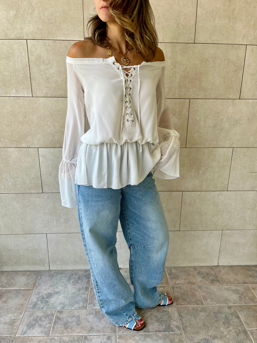 White Criss Cross Tie Chiffon Blouse