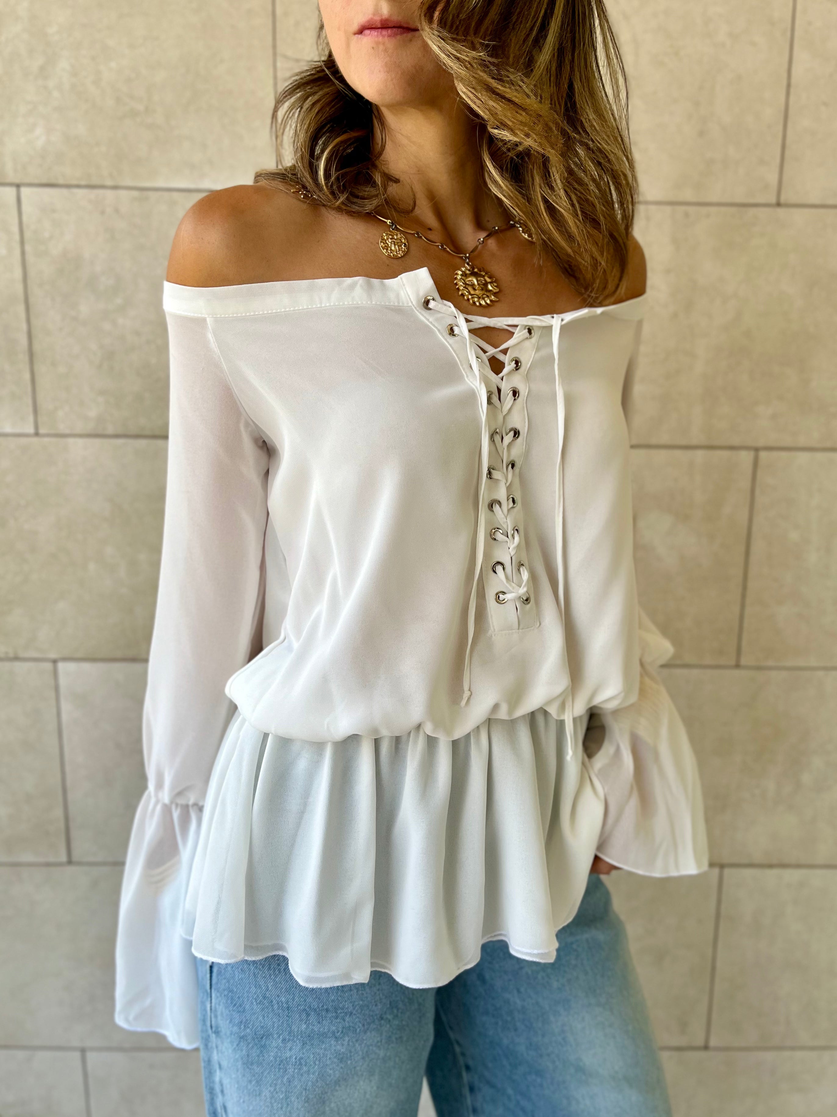 White Criss Cross Tie Chiffon Blouse