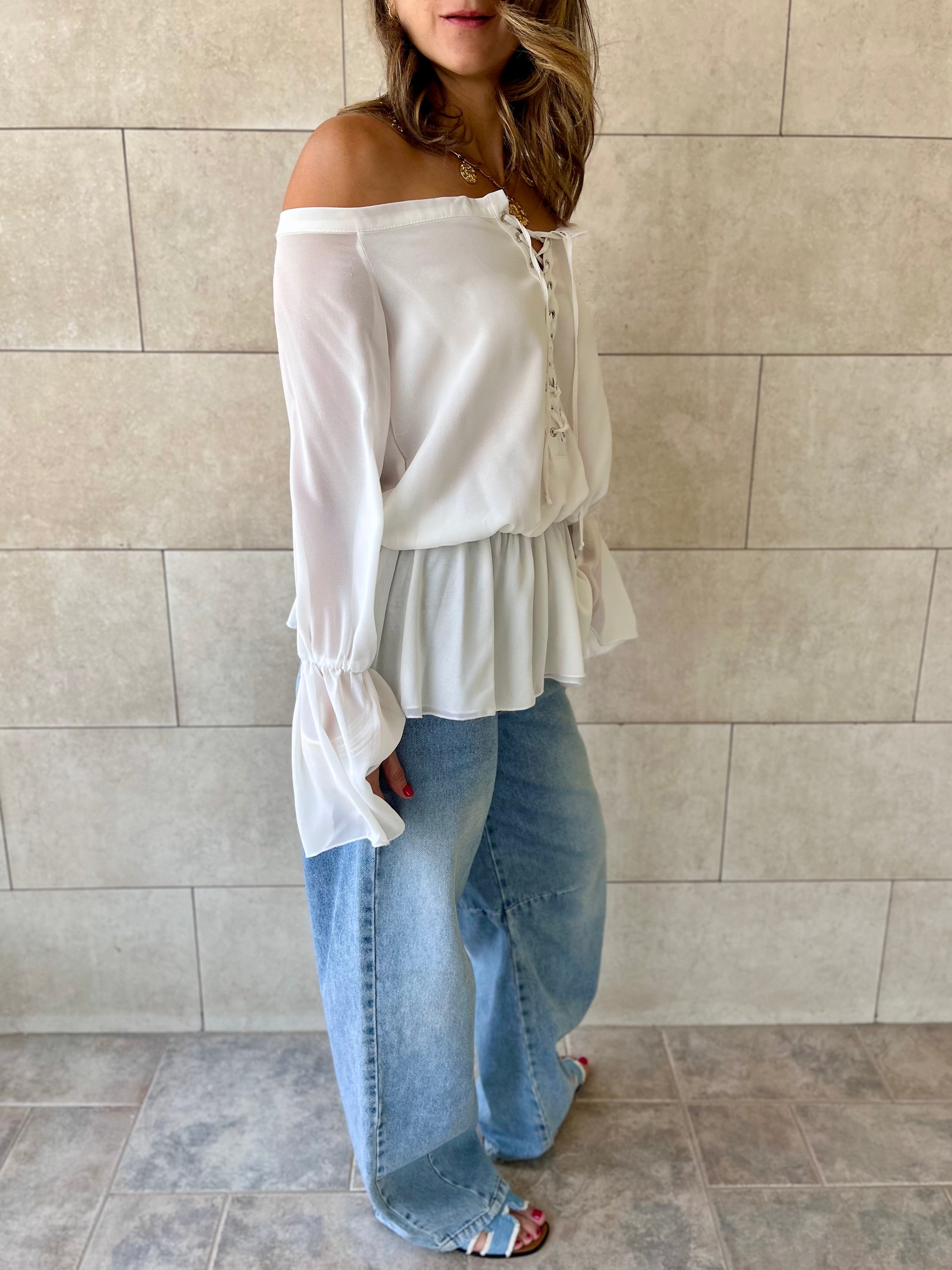 White Criss Cross Tie Chiffon Blouse