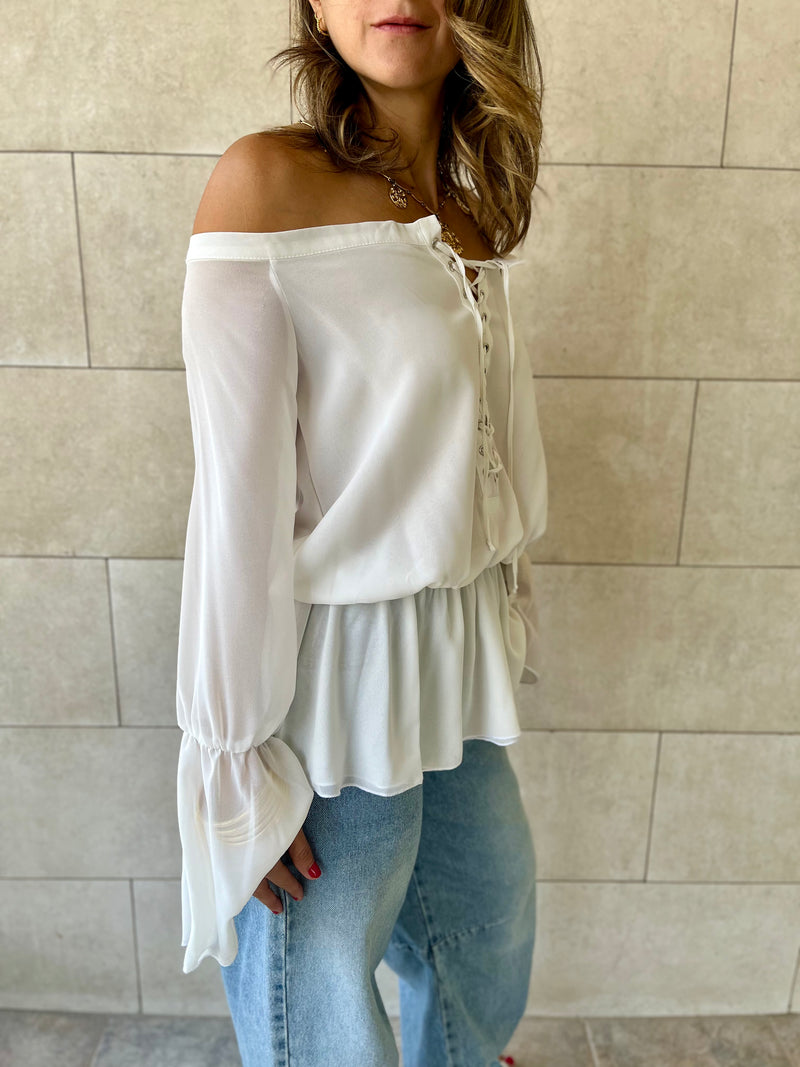 White Criss Cross Tie Chiffon Blouse
