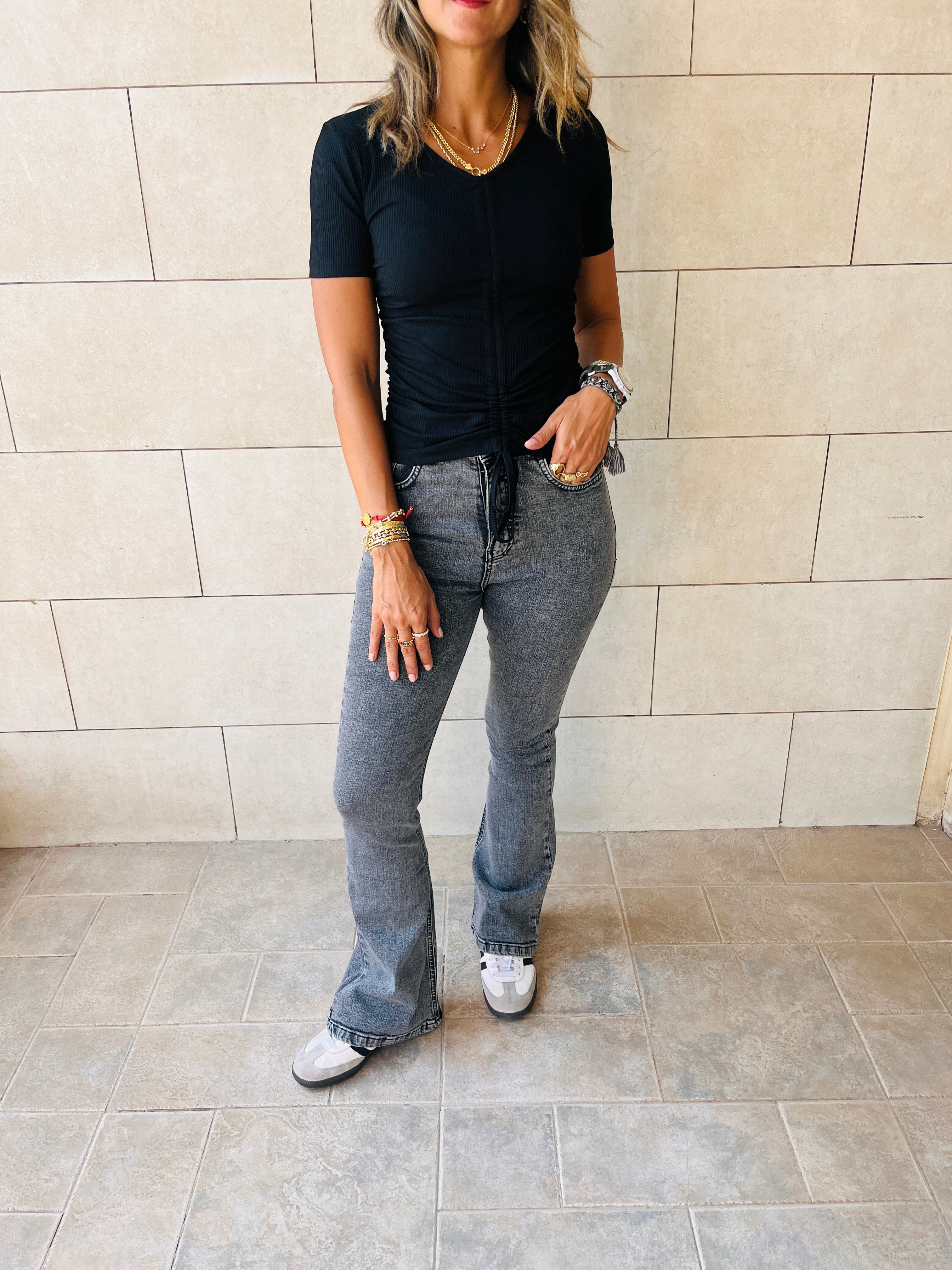 Black Come Through And Pull Through Ribbed Top