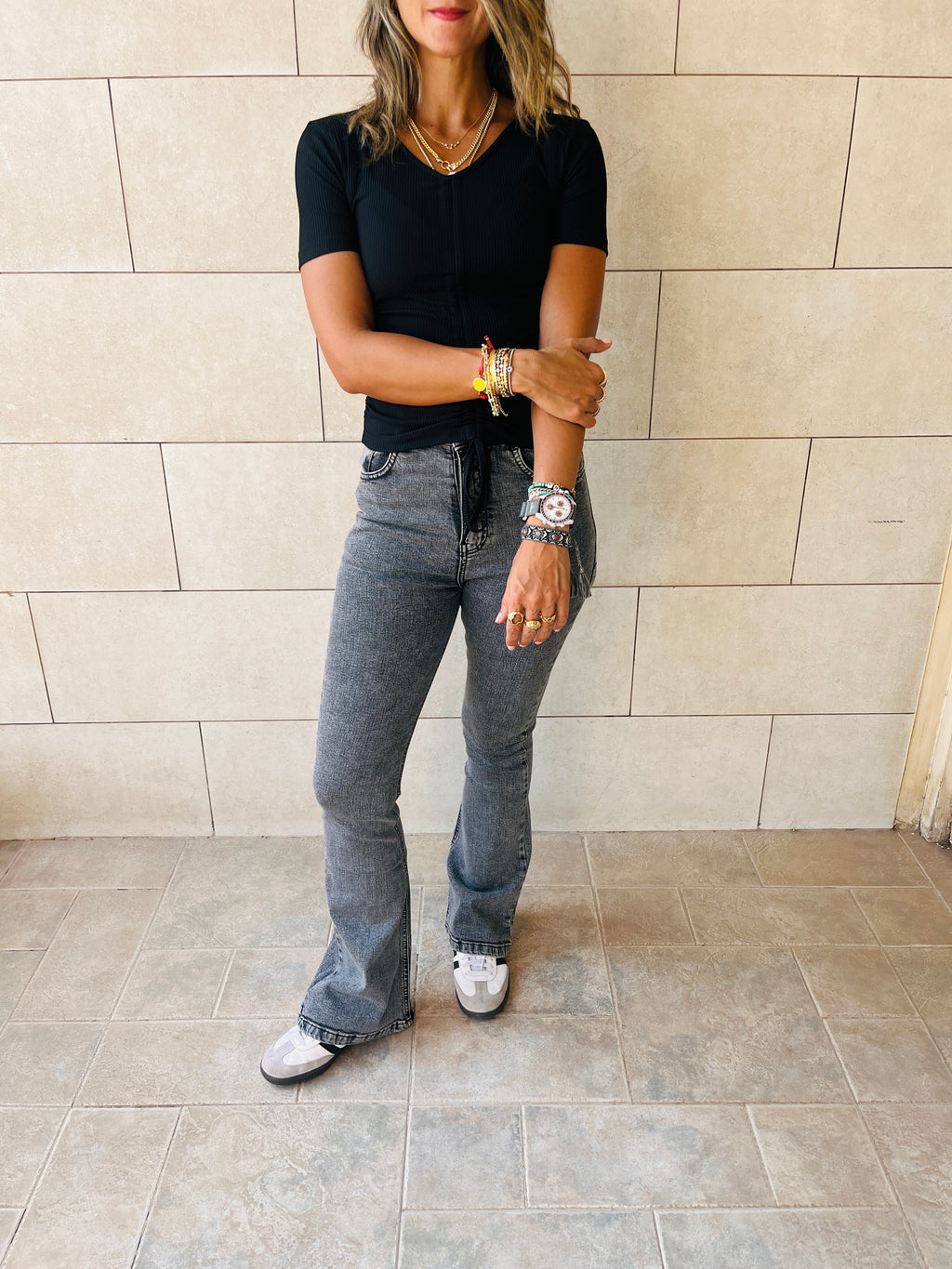 Black Come Through And Pull Through Ribbed Top