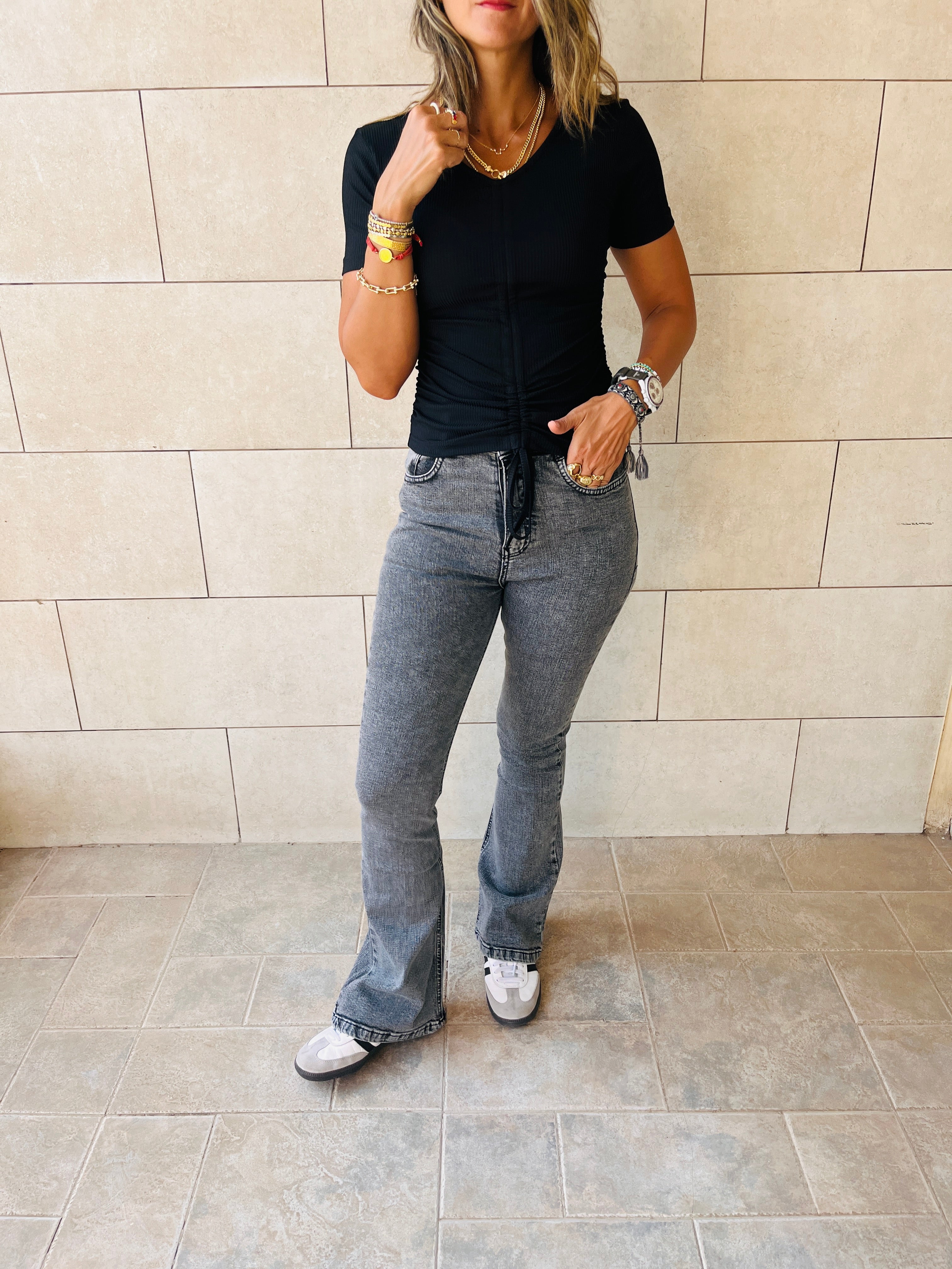 Black Come Through And Pull Through Ribbed Top