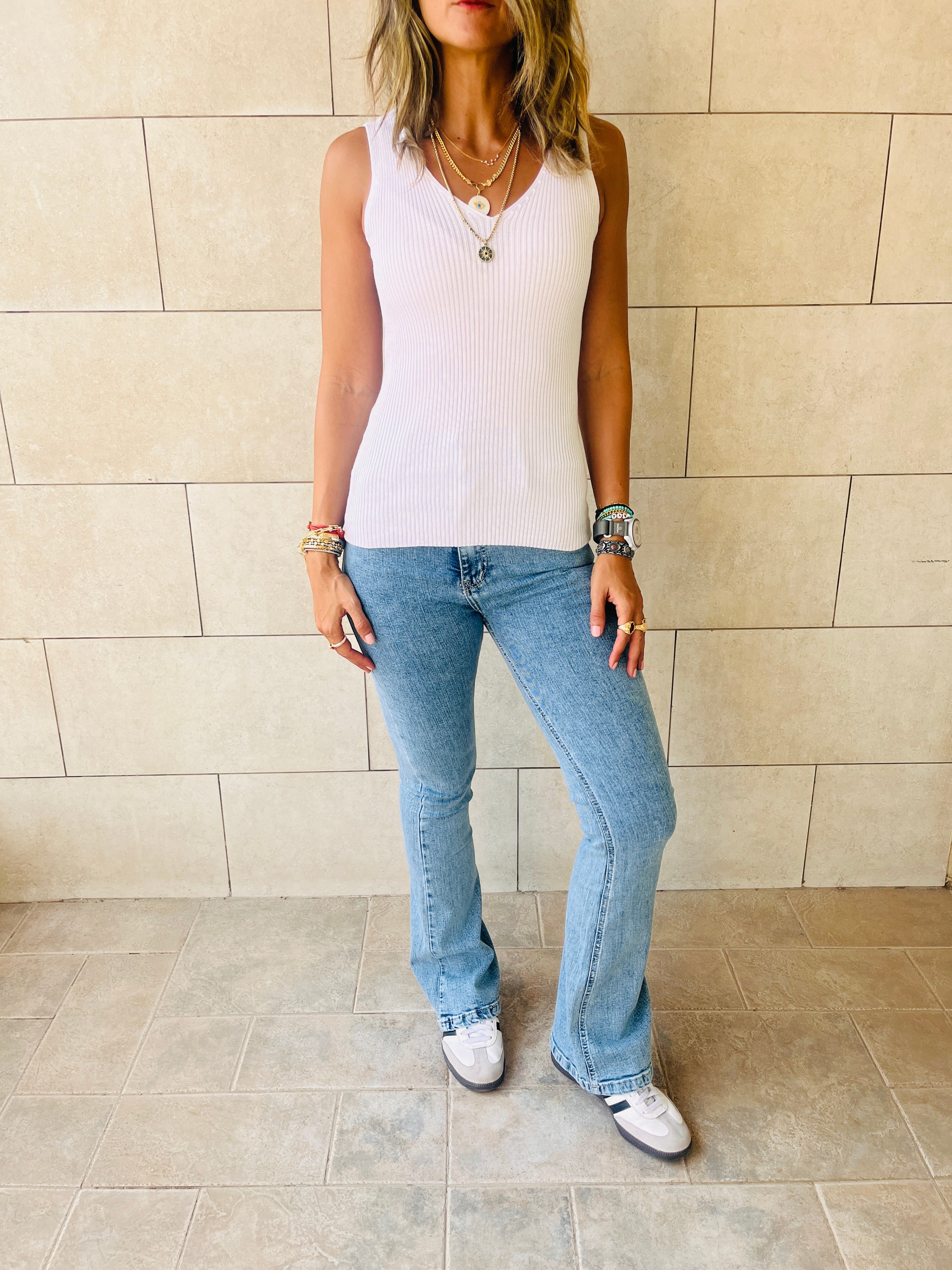 White 120 Knit V Tank Top