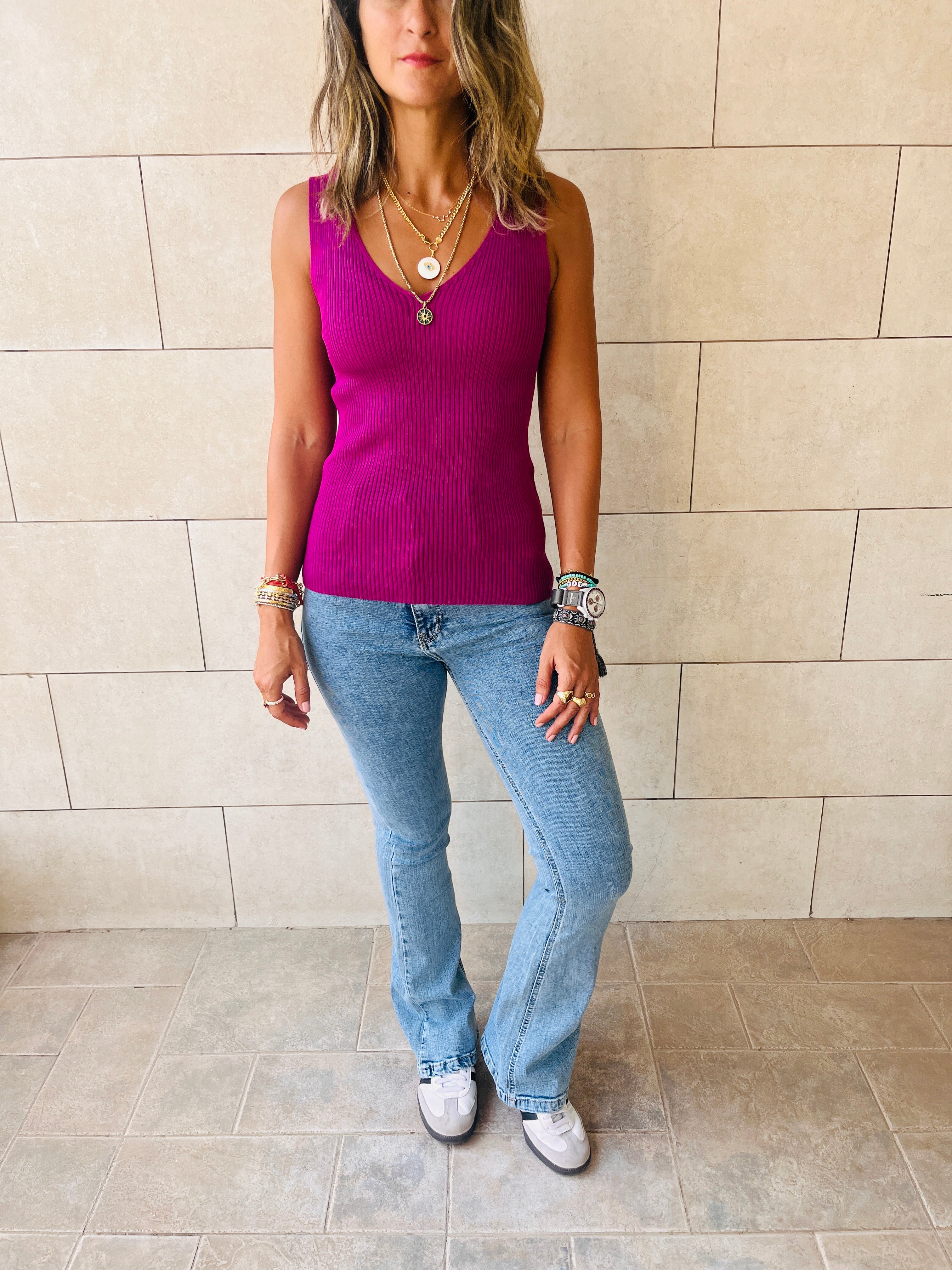 Magenta 120 Knit V Tank Top