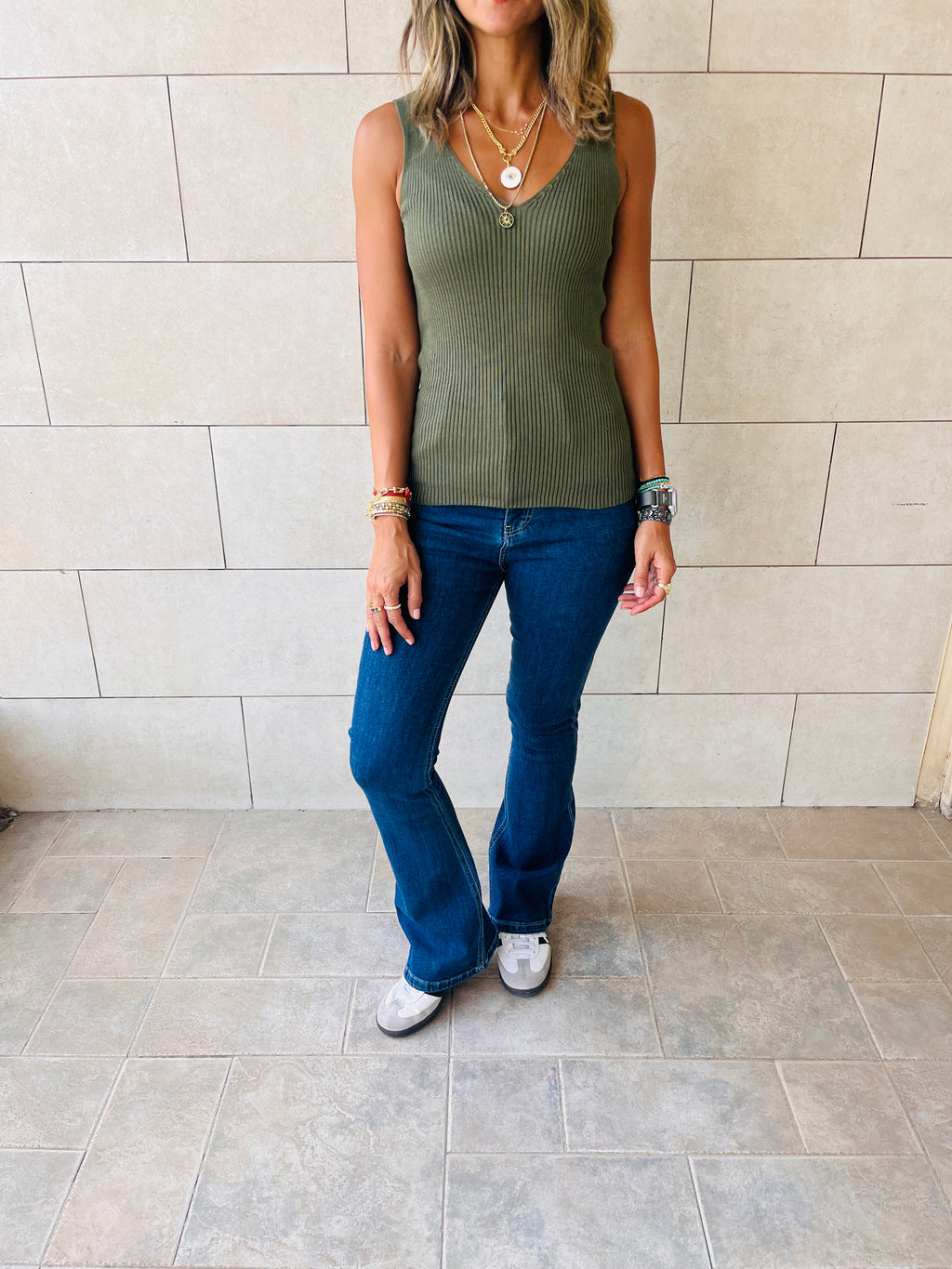 Olive 120 Knit V Tank Top