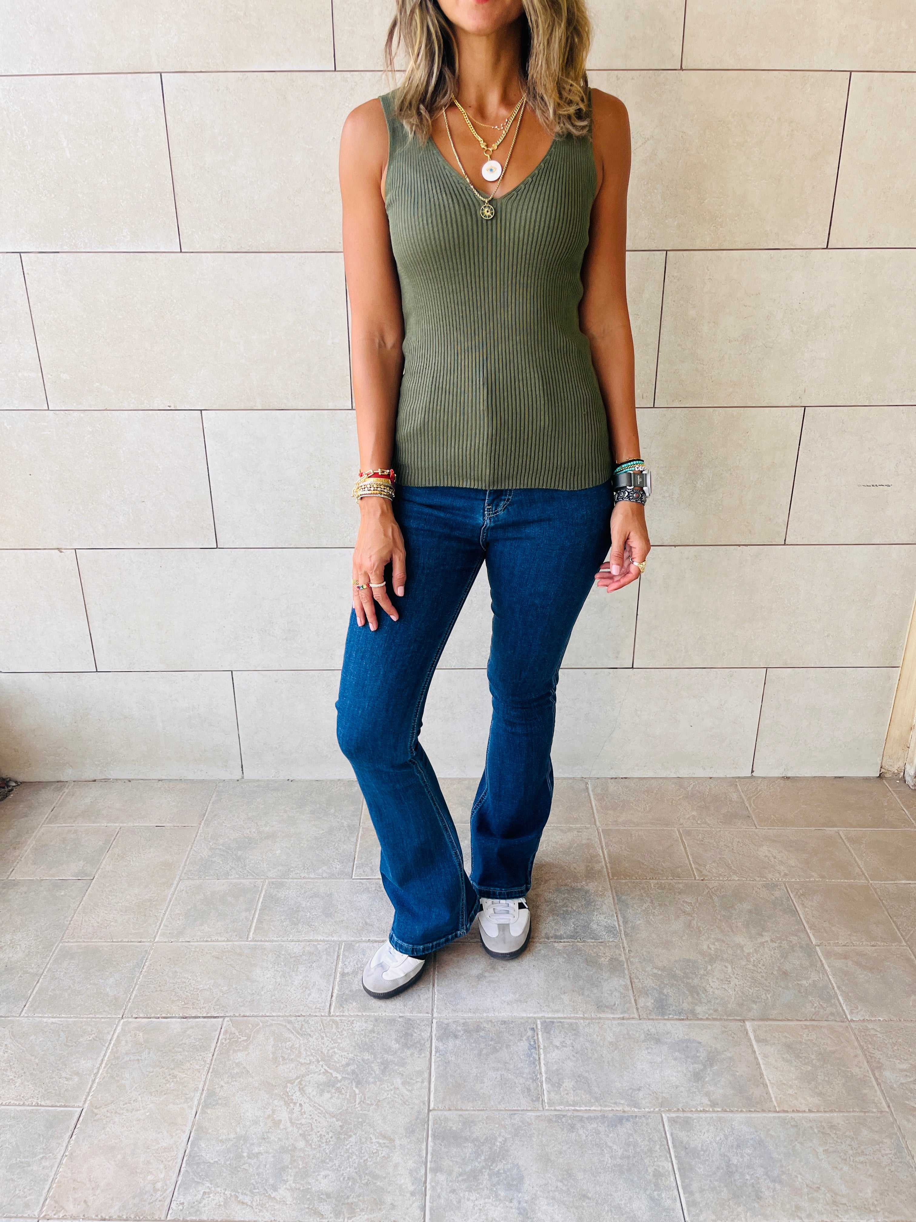 Olive 120 Knit V Tank Top